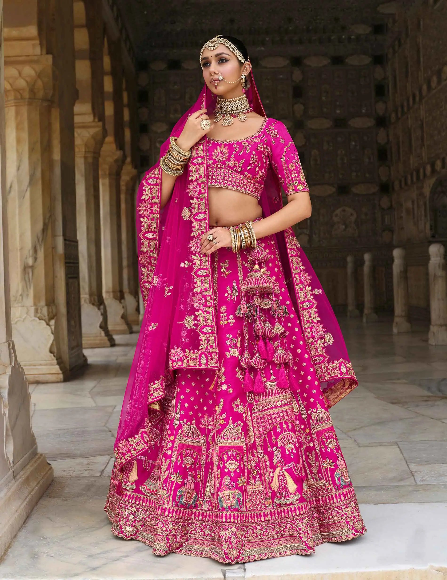 Dark Pink Bridal Lehenga Khatli Embroidery & 2 Dupatta - qivii