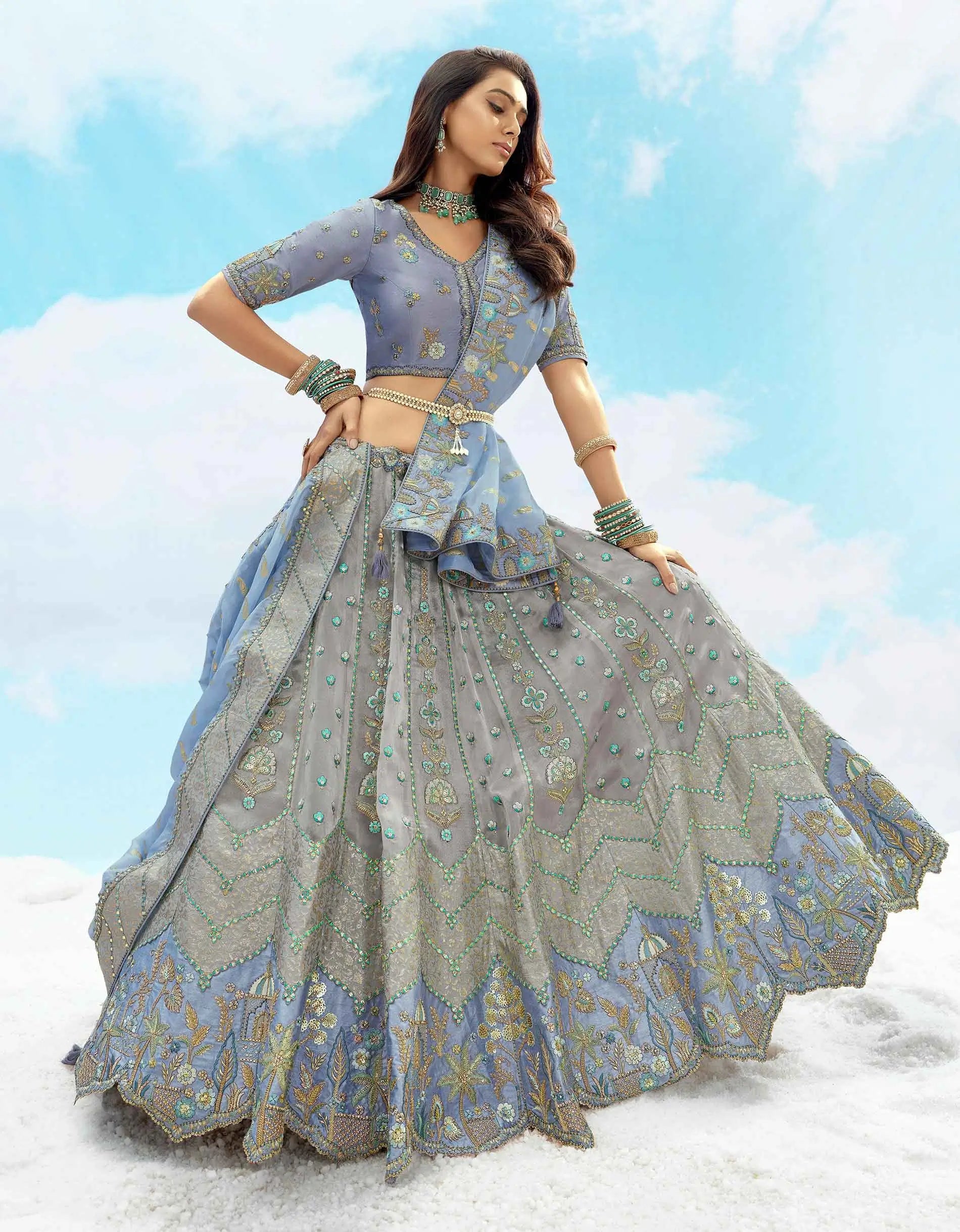Designer Gray Blue Sequins Floral Embroidery Work Bridal Lehenga - qivii