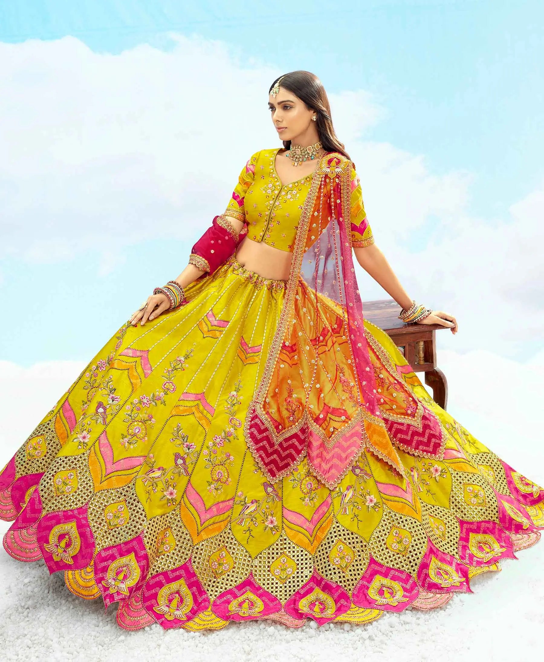 Designer Mustard Yellow Patch & Embroidery Work Bridal Lehenga - qivii