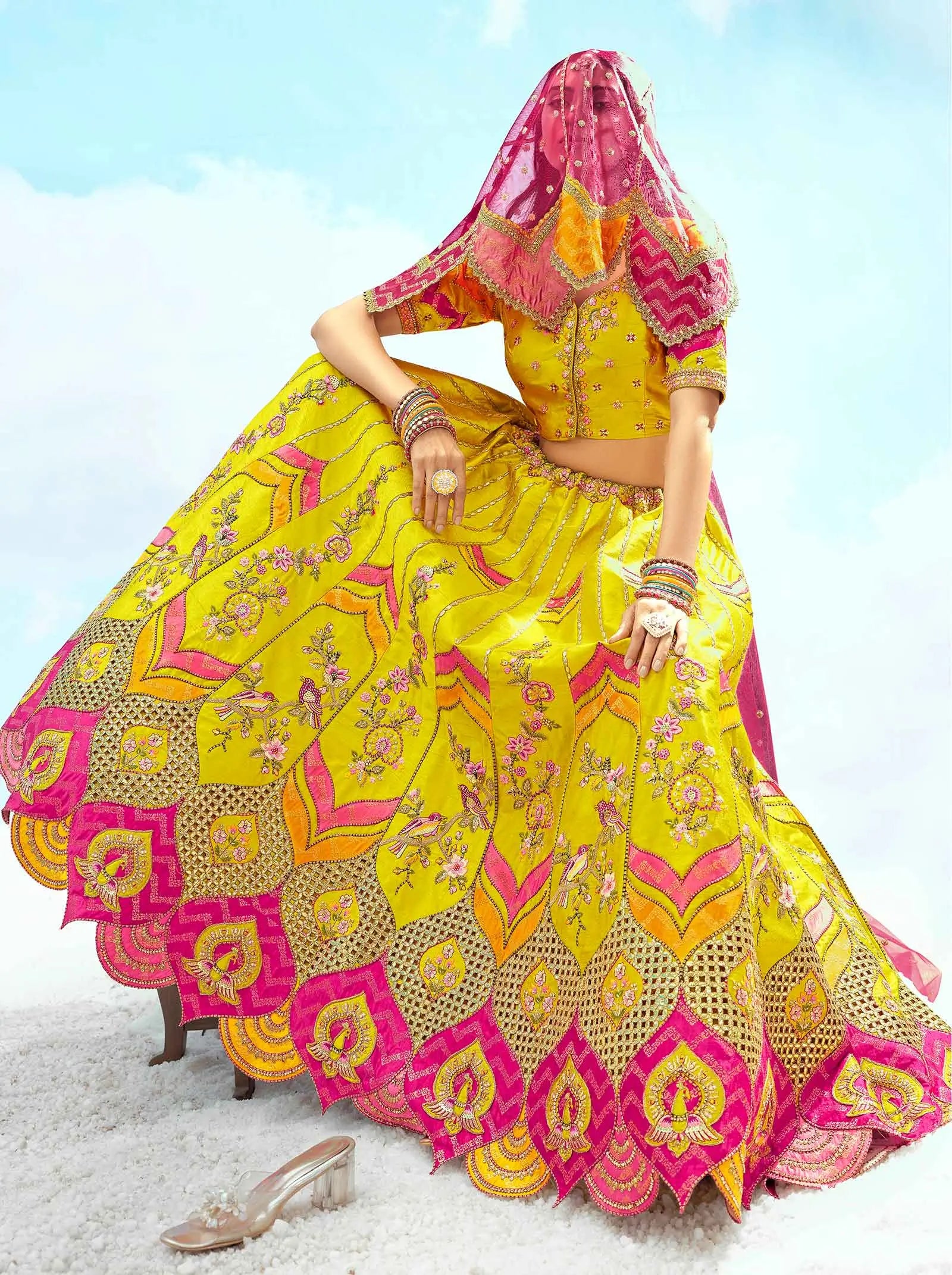 Designer Mustard Yellow Patch & Embroidery Work Bridal Lehenga - qivii