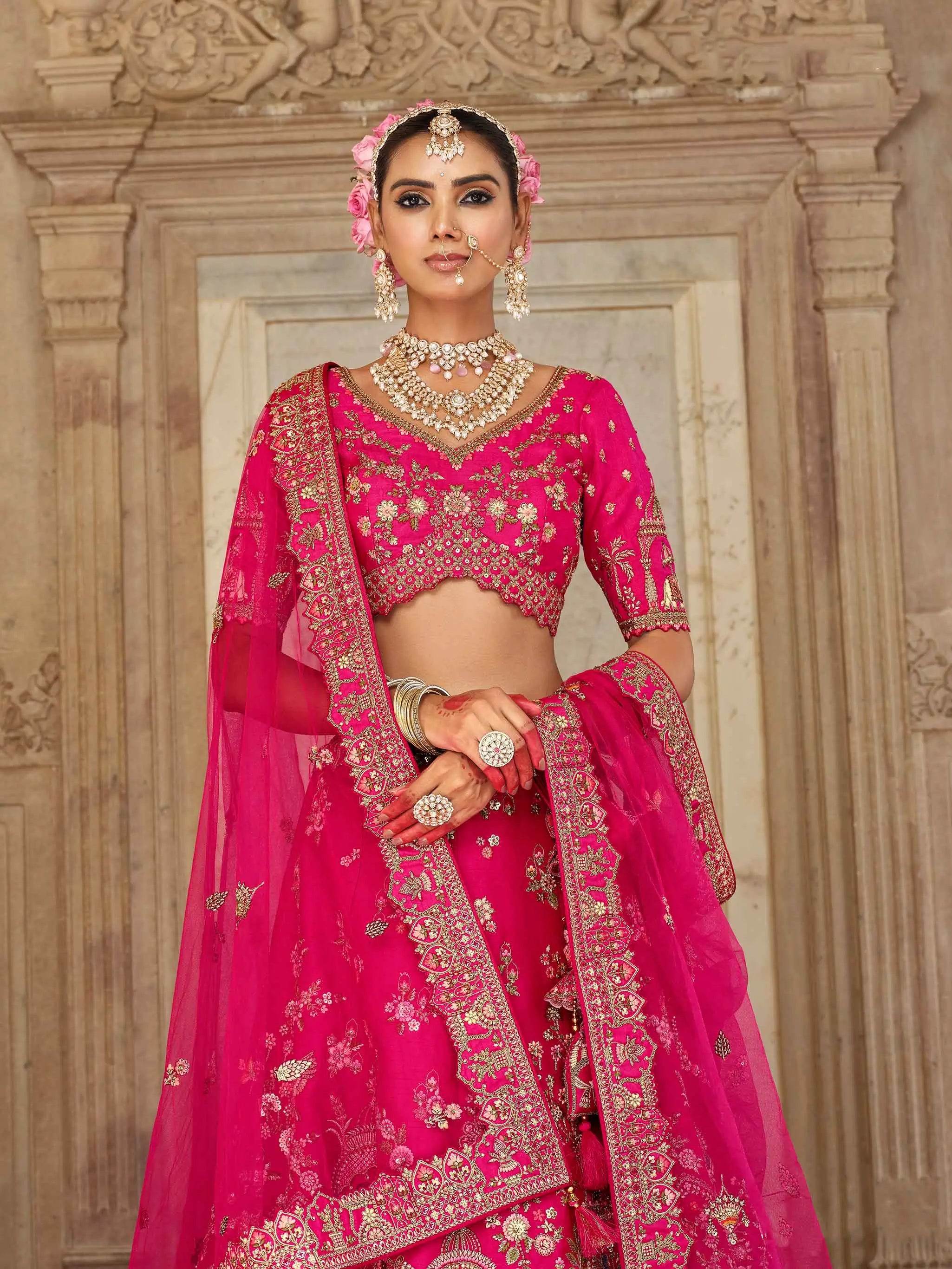 Designer Pink Bridal Lehenga Khatli Embroidery Work - qivii