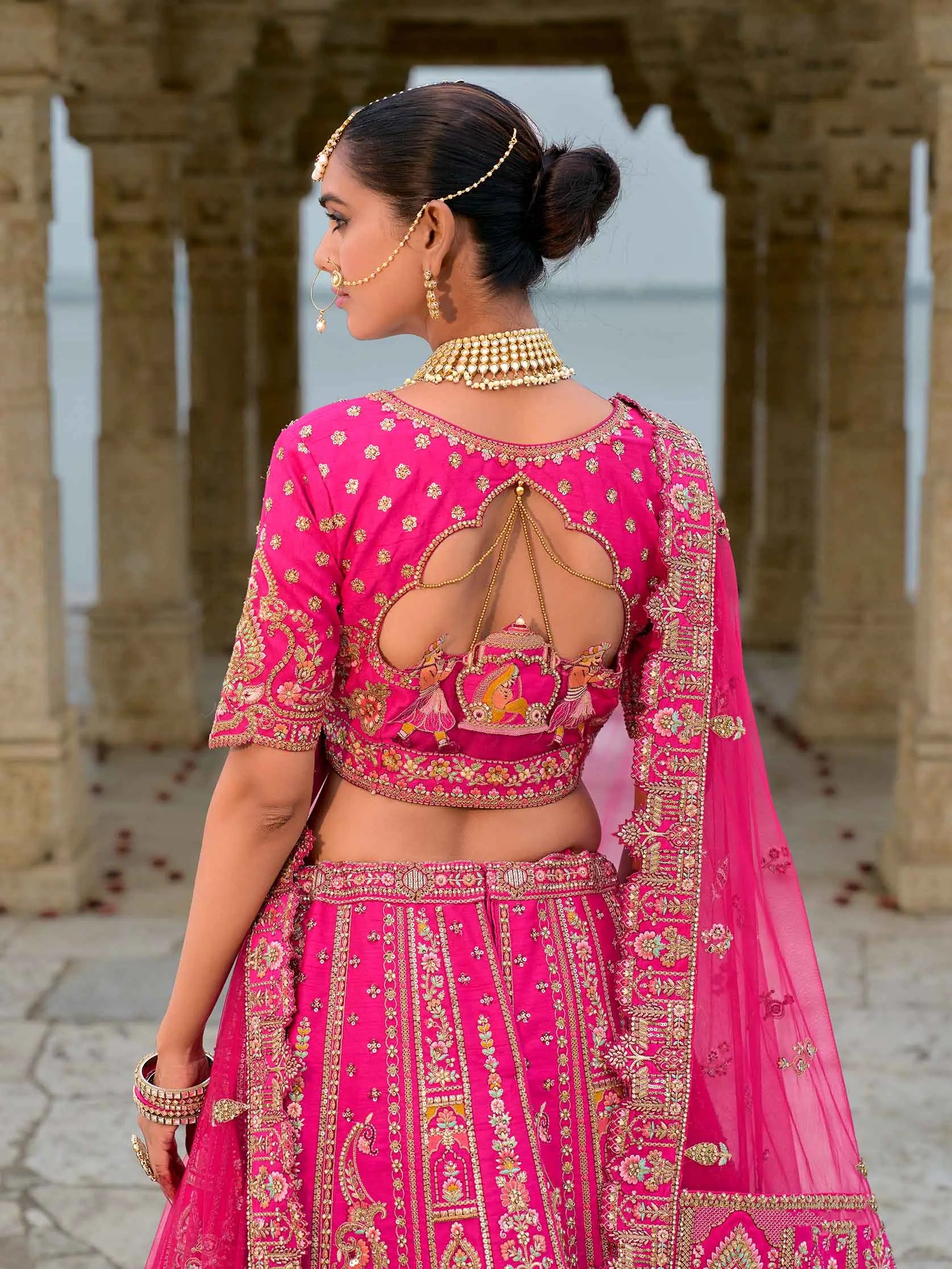 Designer Pink Bridal Lehenga With Heavy Embroidery & 2 Dupatta - qivii