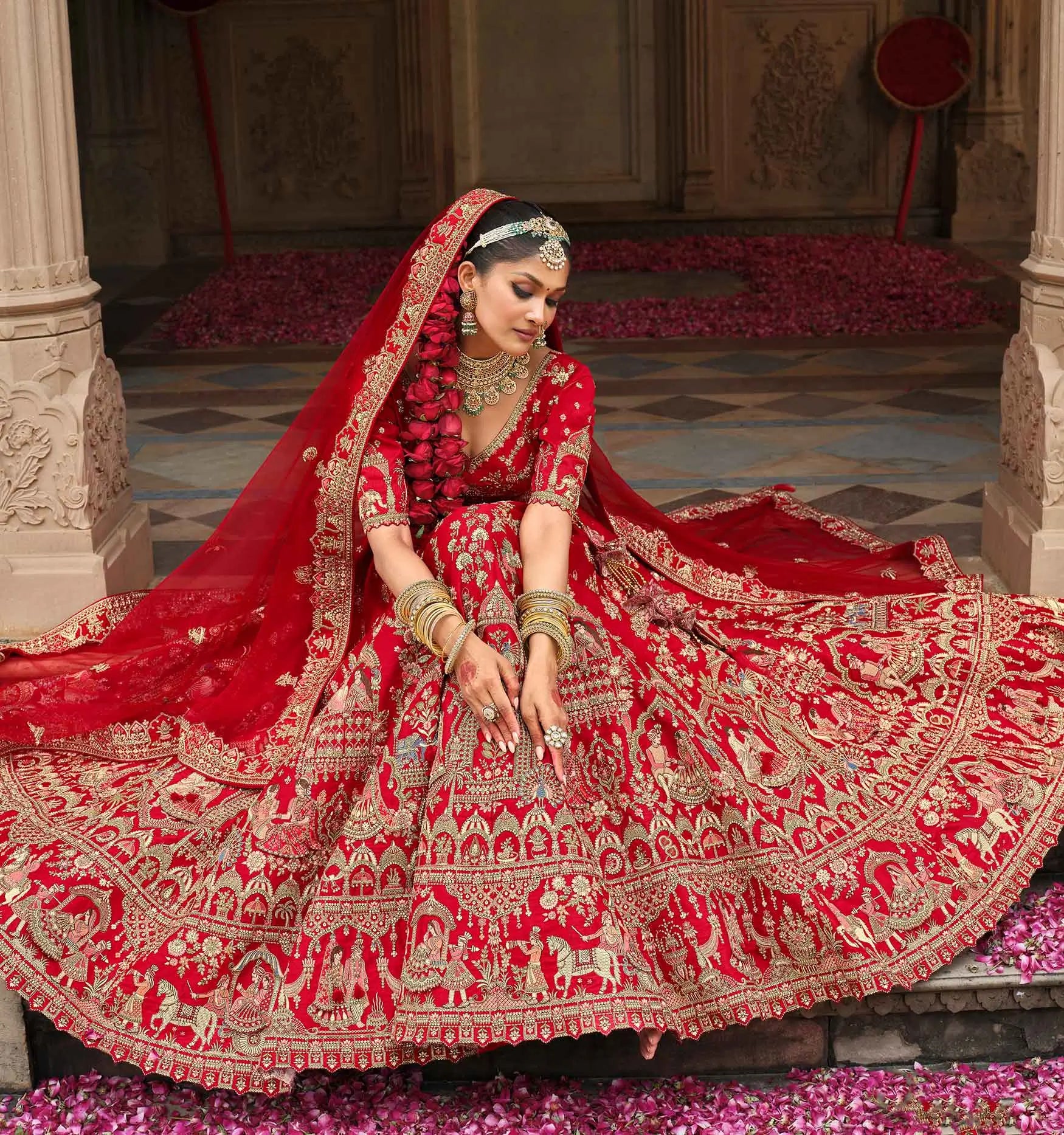 Designer Red Bridal Lehenga Khatli Embroidery & 2 Dupatta - qivii