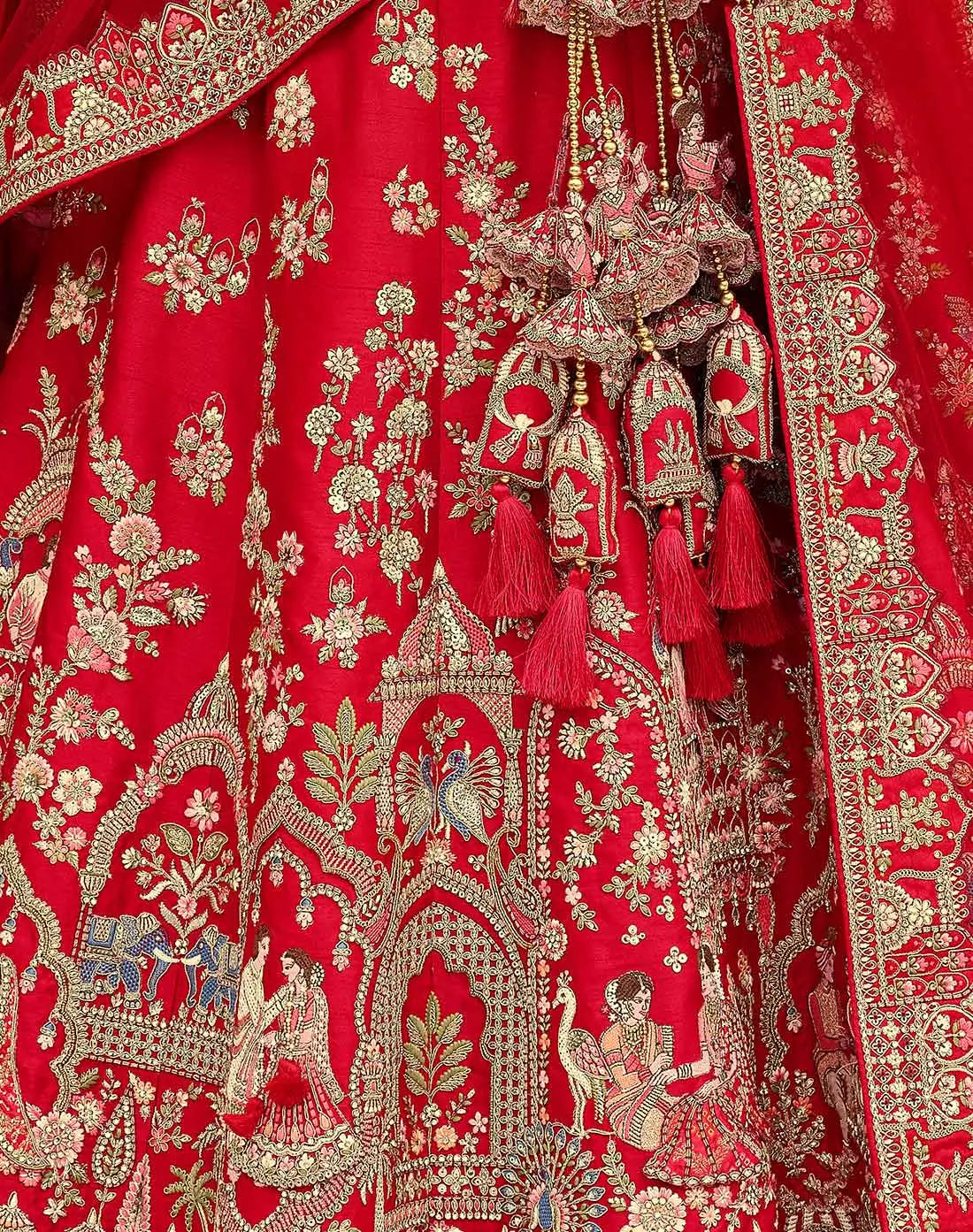 Designer Red Bridal Lehenga Khatli Embroidery & 2 Dupatta - qivii