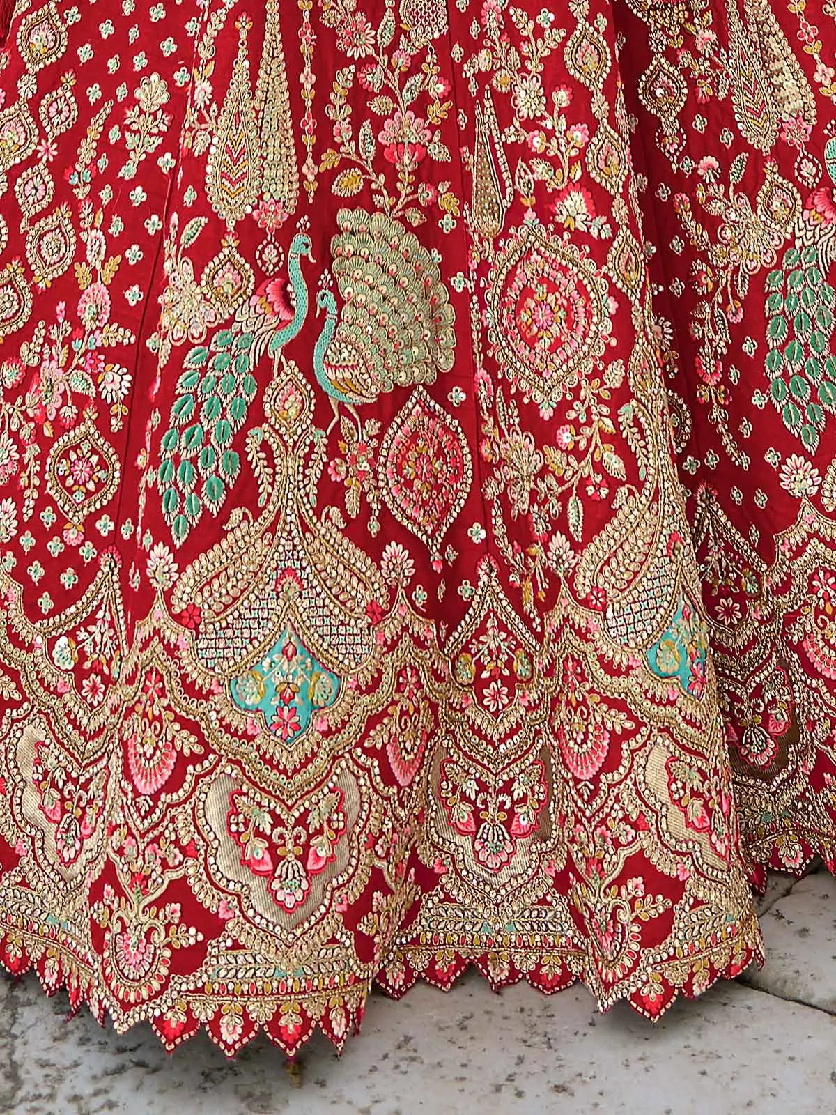 Designer Red Bridal Lehenga With Heavy Embroidery & 2 Dupatta - qivii