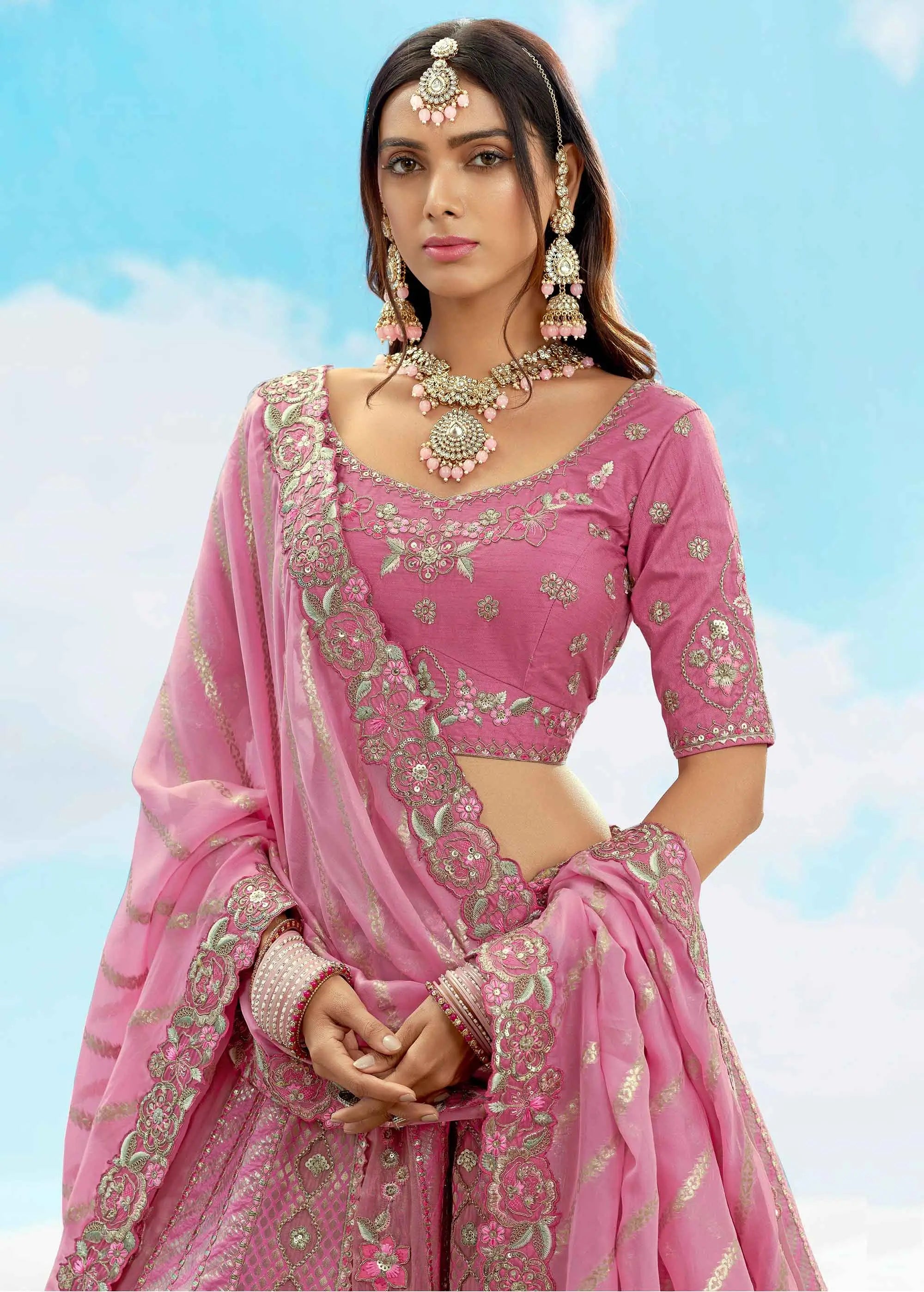 Dull Pink Beautiful Patch & Floral Embroidery Work Bridal Lehenga - qivii