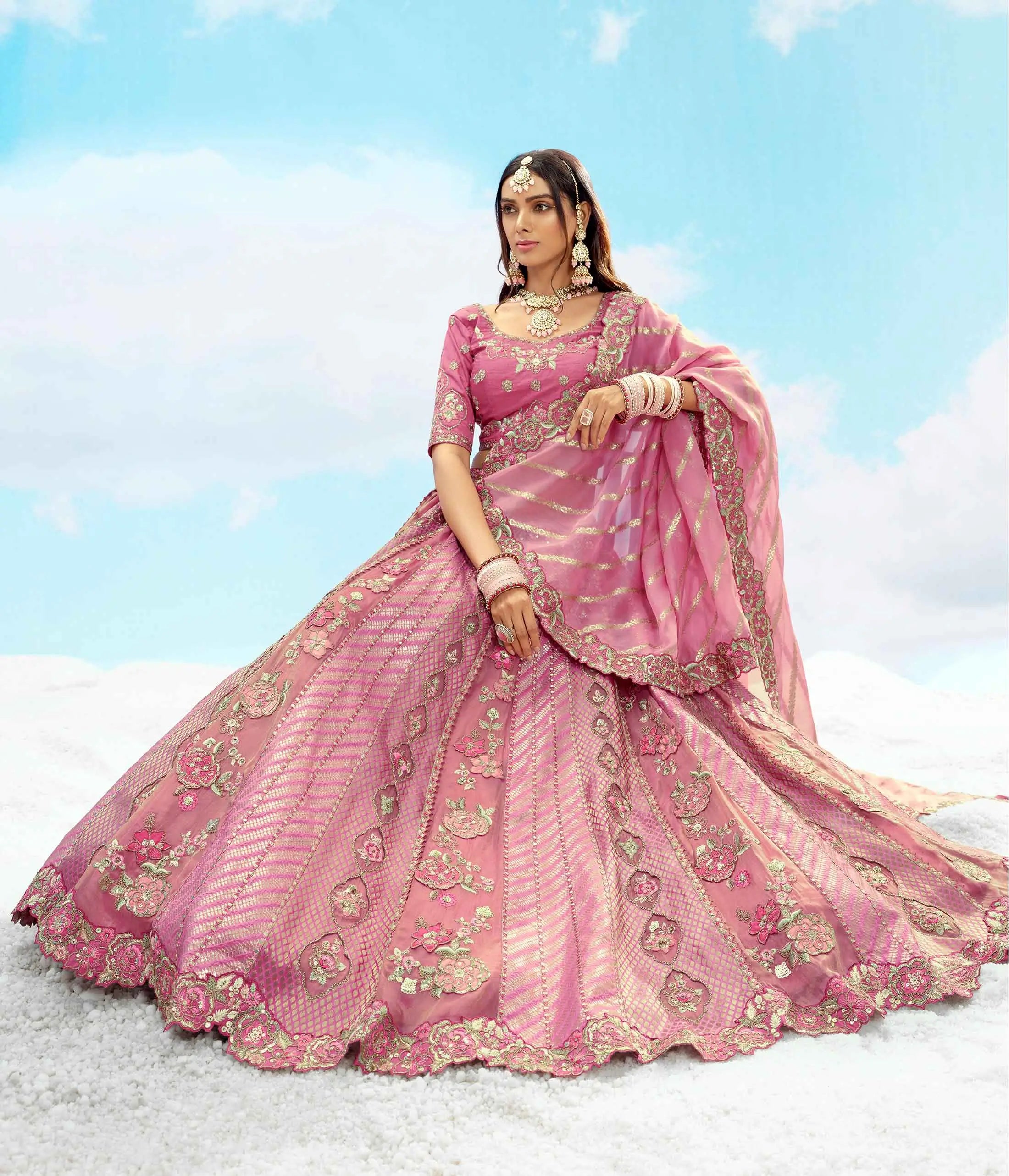 Dull Pink Beautiful Patch & Floral Embroidery Work Bridal Lehenga - qivii