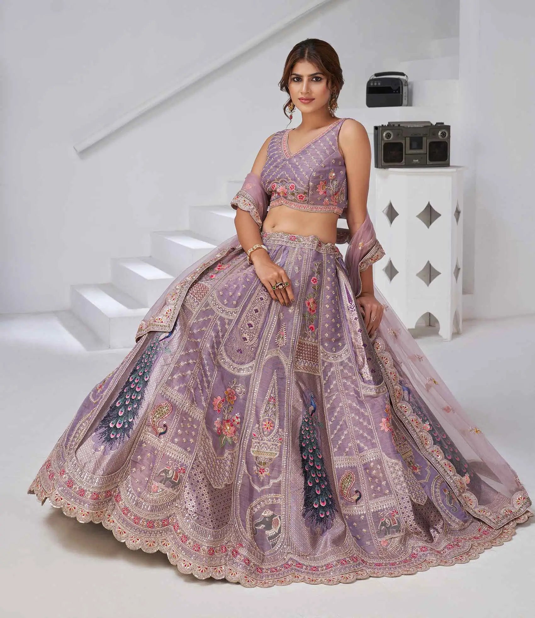 Dusky Purple Silk Lehenga With Peacock Feather Motifs - qivii
