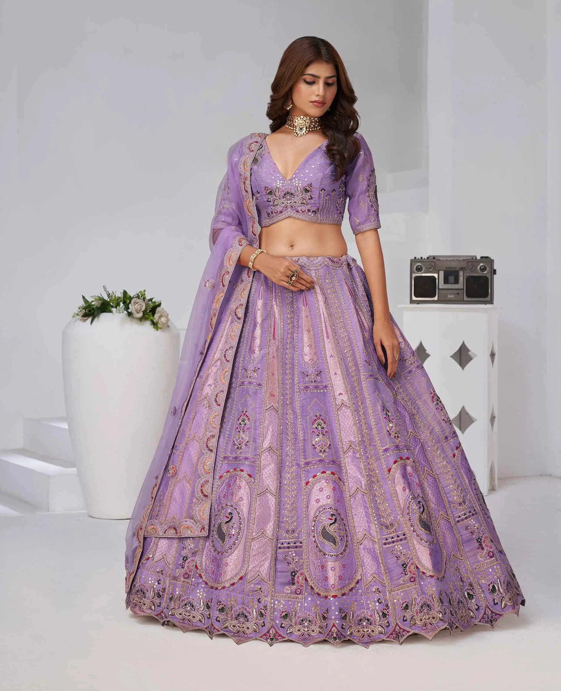 Dusty Lavender Zari Resham Embroidery Silk Lehenga - qivii