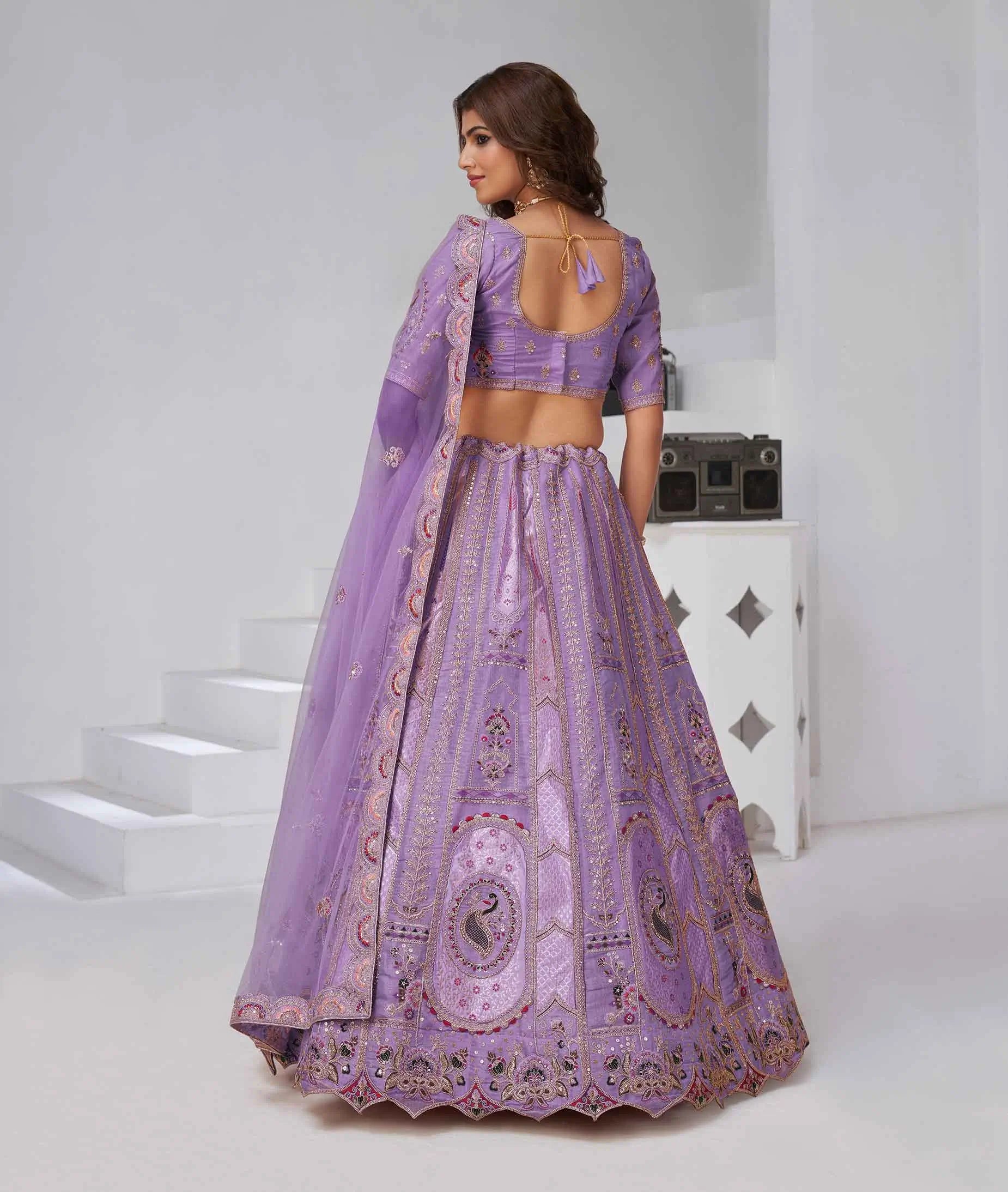 Dusty Lavender Zari Resham Embroidery Silk Lehenga - qivii
