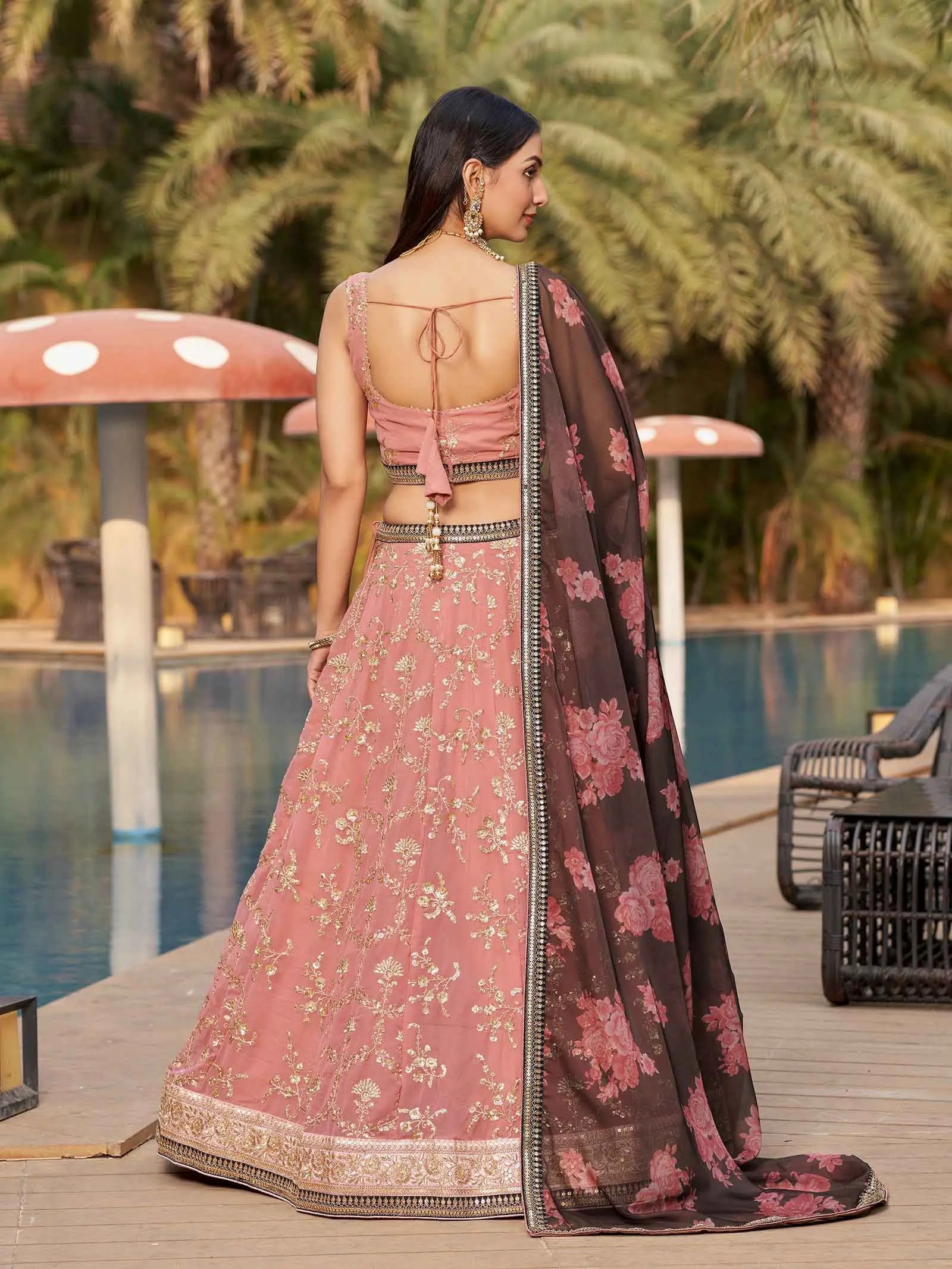 Dusty Pink Brown Georgette Lehenga With Thread Zari Dori Sequins Embroidery Work With Digital print | Ready To Wear - qivii
