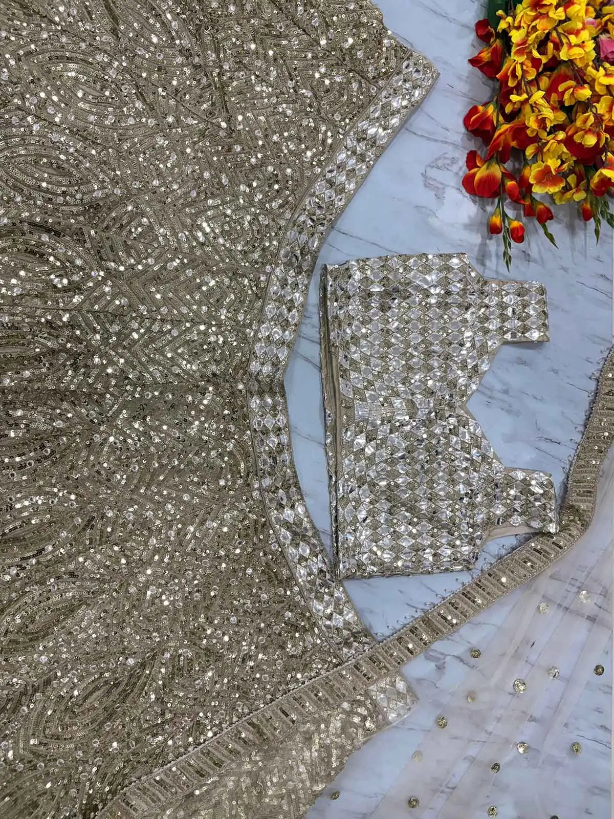 Golden Heavy Sequins Dori Embroidery Work Party Wear Lehenga Choli - qivii