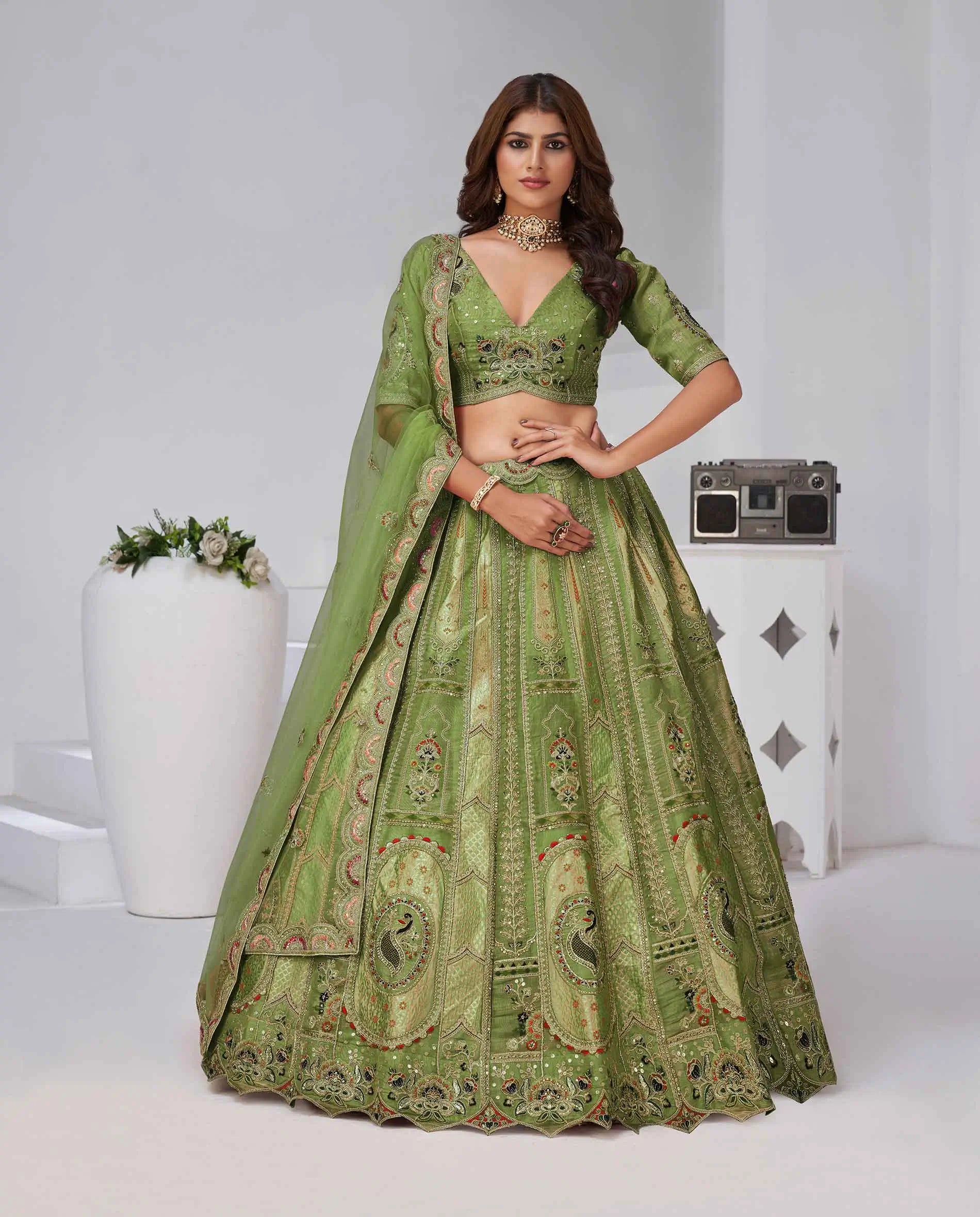 Grace Of Green Silk Lehenga With Embroidery Work - qivii