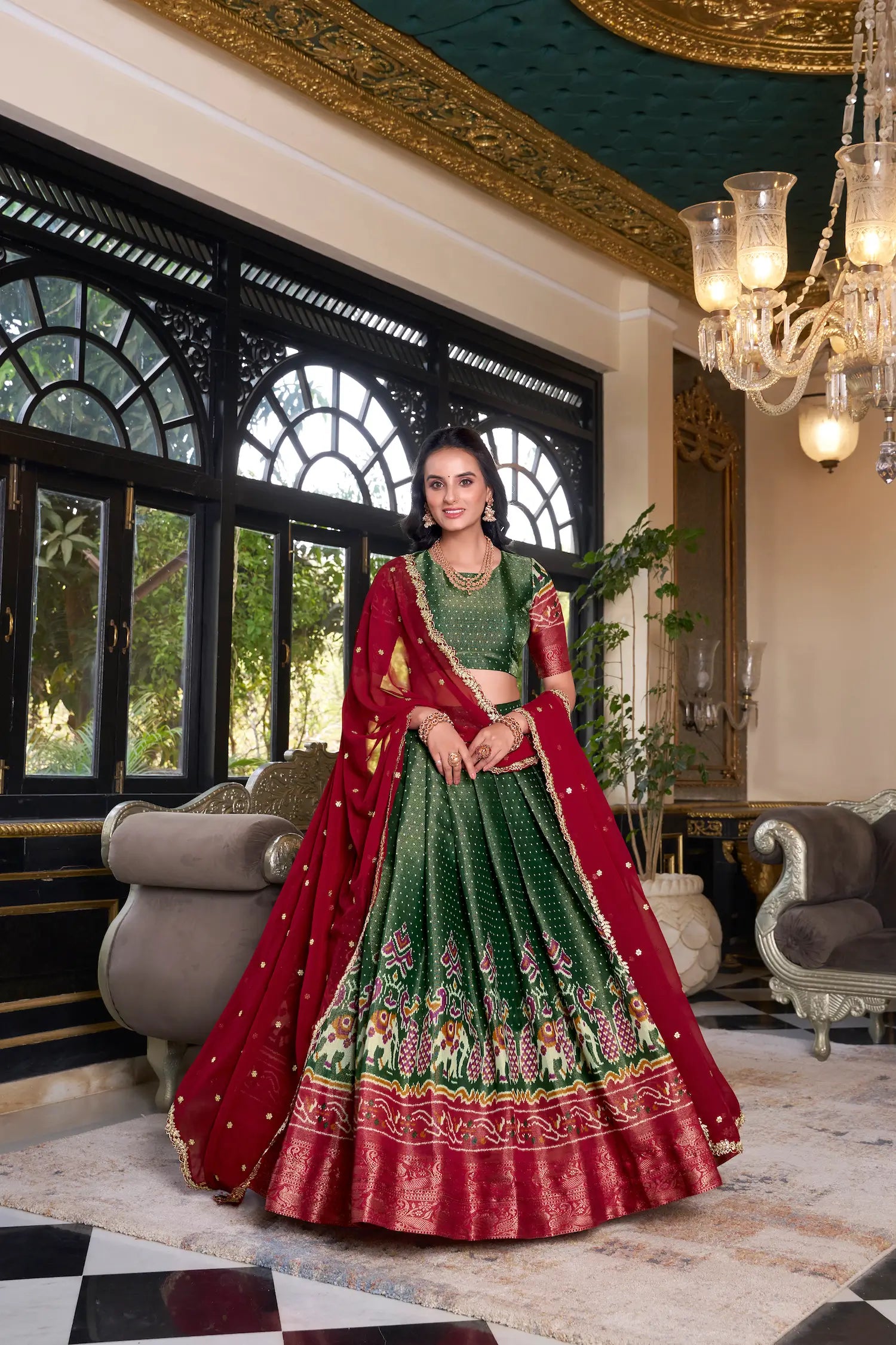 Green Kanchipuram Silk Lehenga Choli With Digital Print & Embroidery Work - qivii
