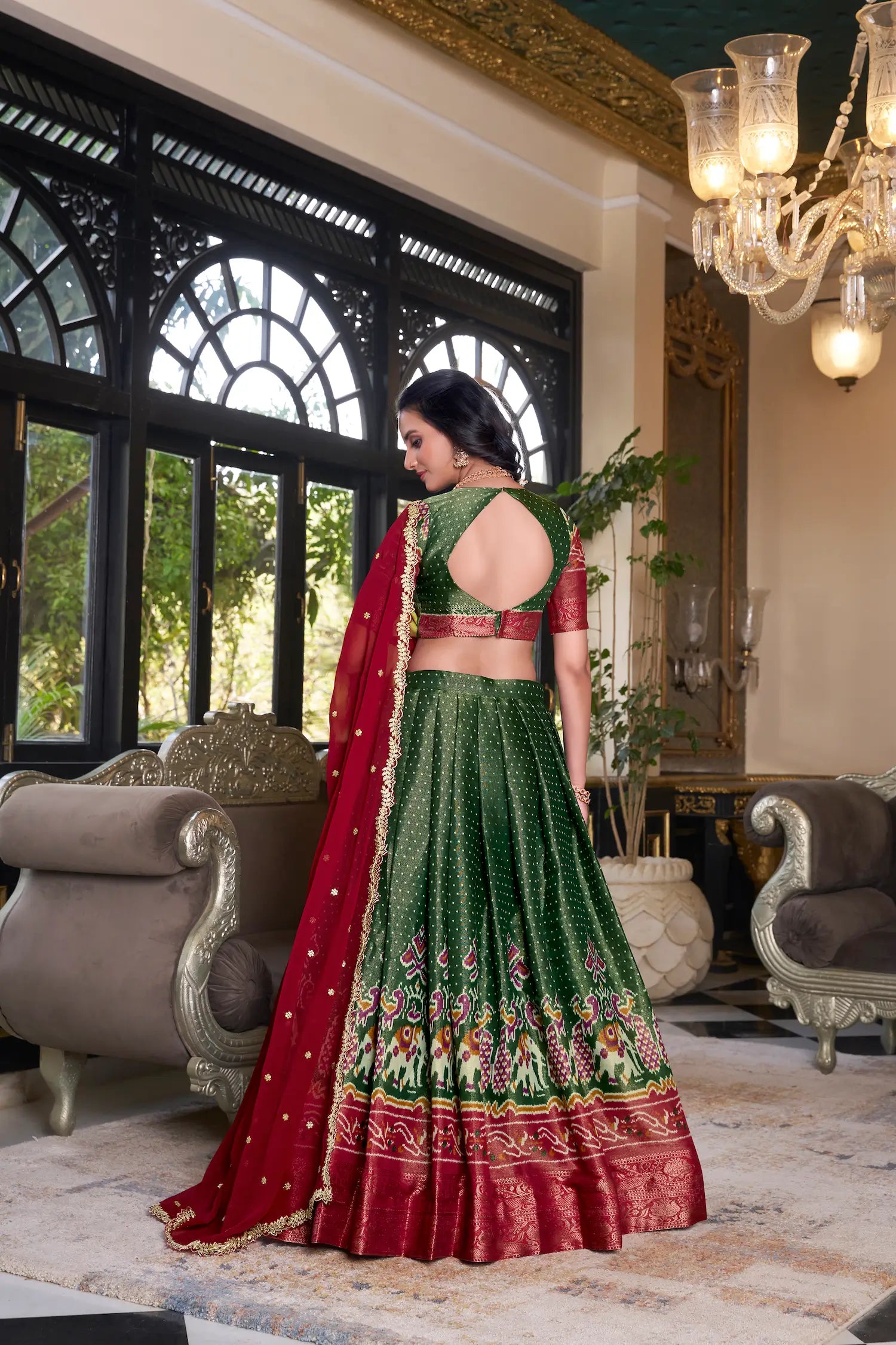 Green Kanchipuram Silk Lehenga Choli With Digital Print & Embroidery Work - qivii