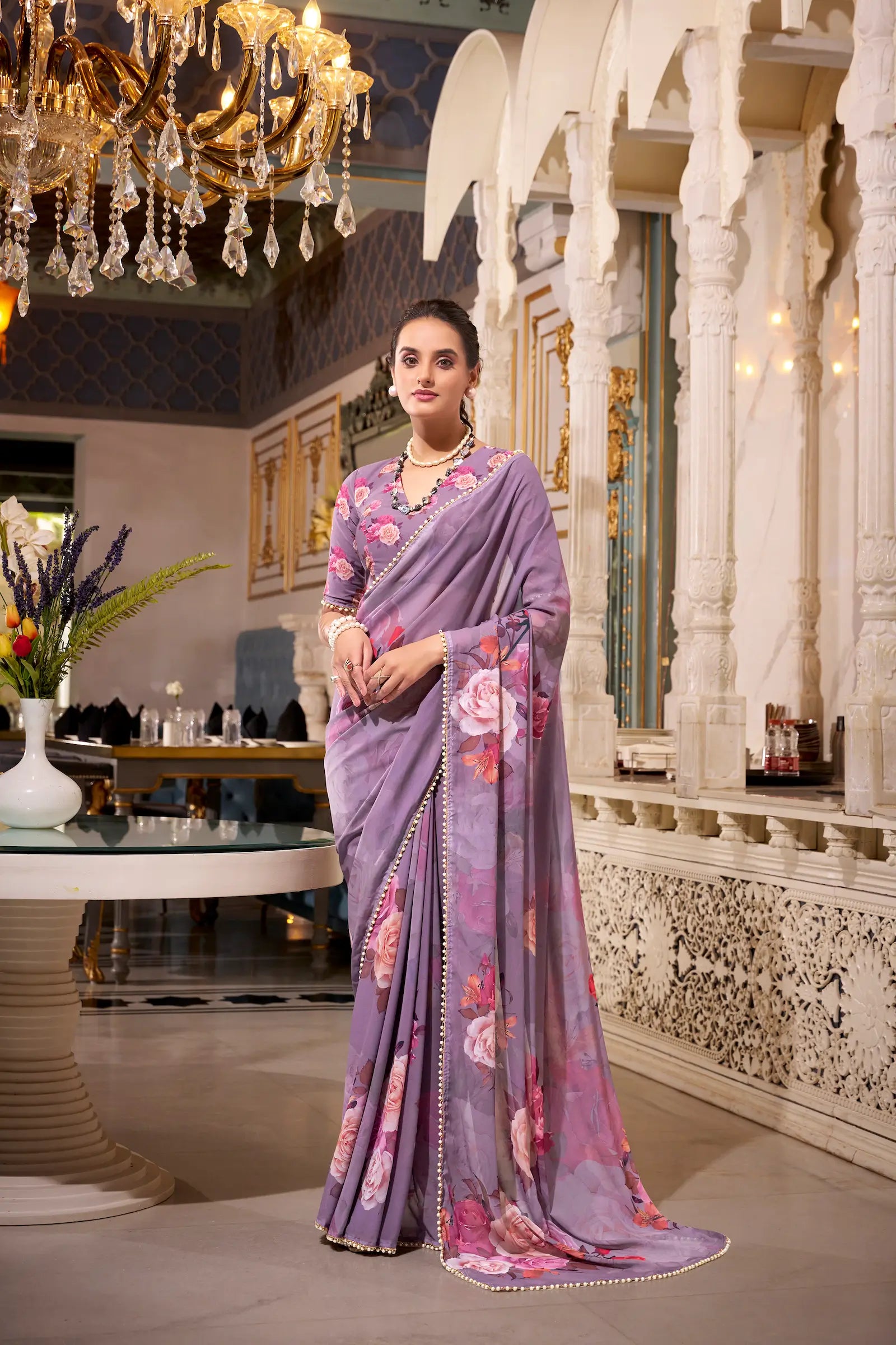 Grey Georgette Floral Print & Pearl Lace Border Saree - qivii