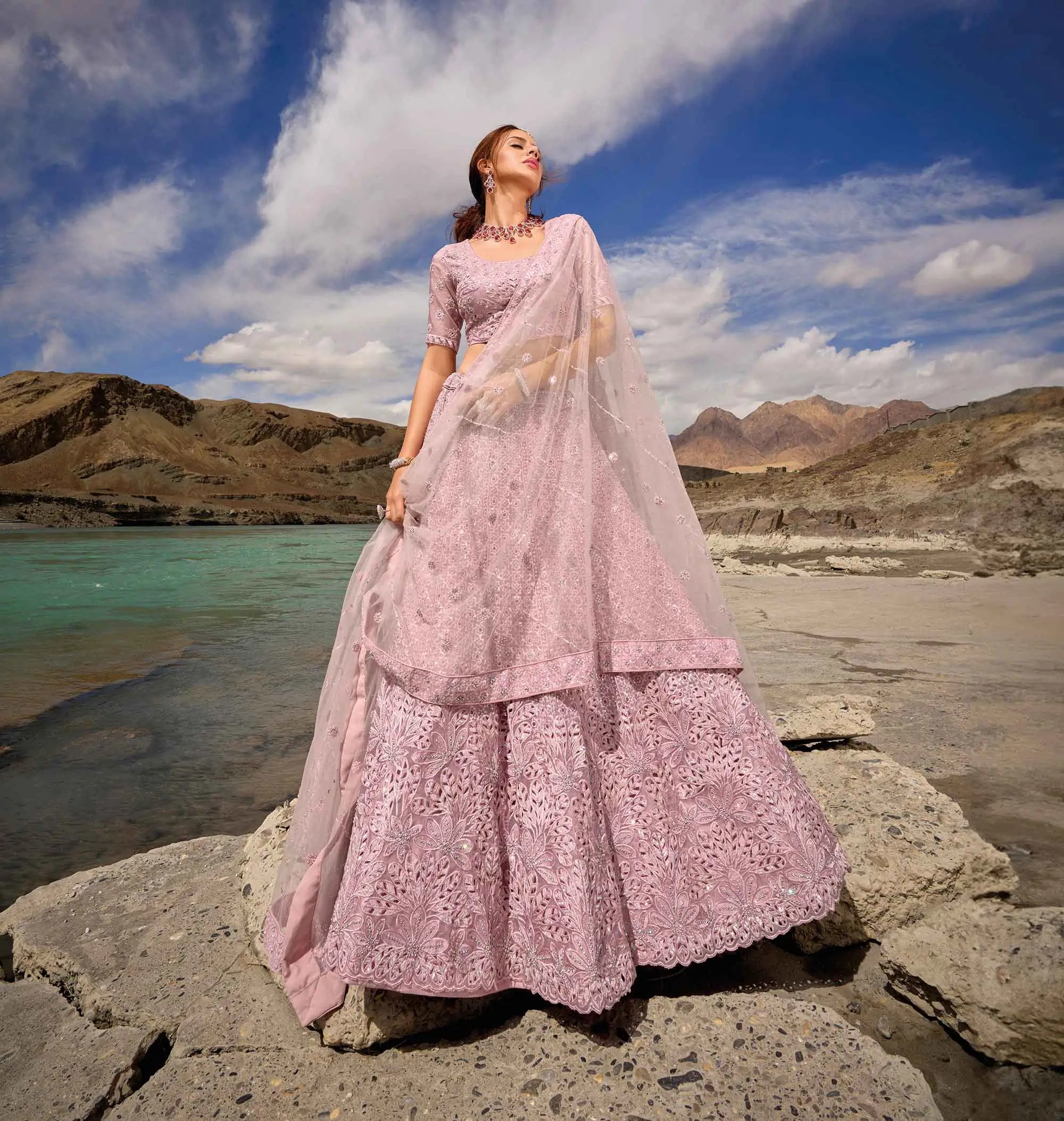 Greyish Pink Zarkan Work With Sequins Embroidery Work Lehenga For Bride - qivii