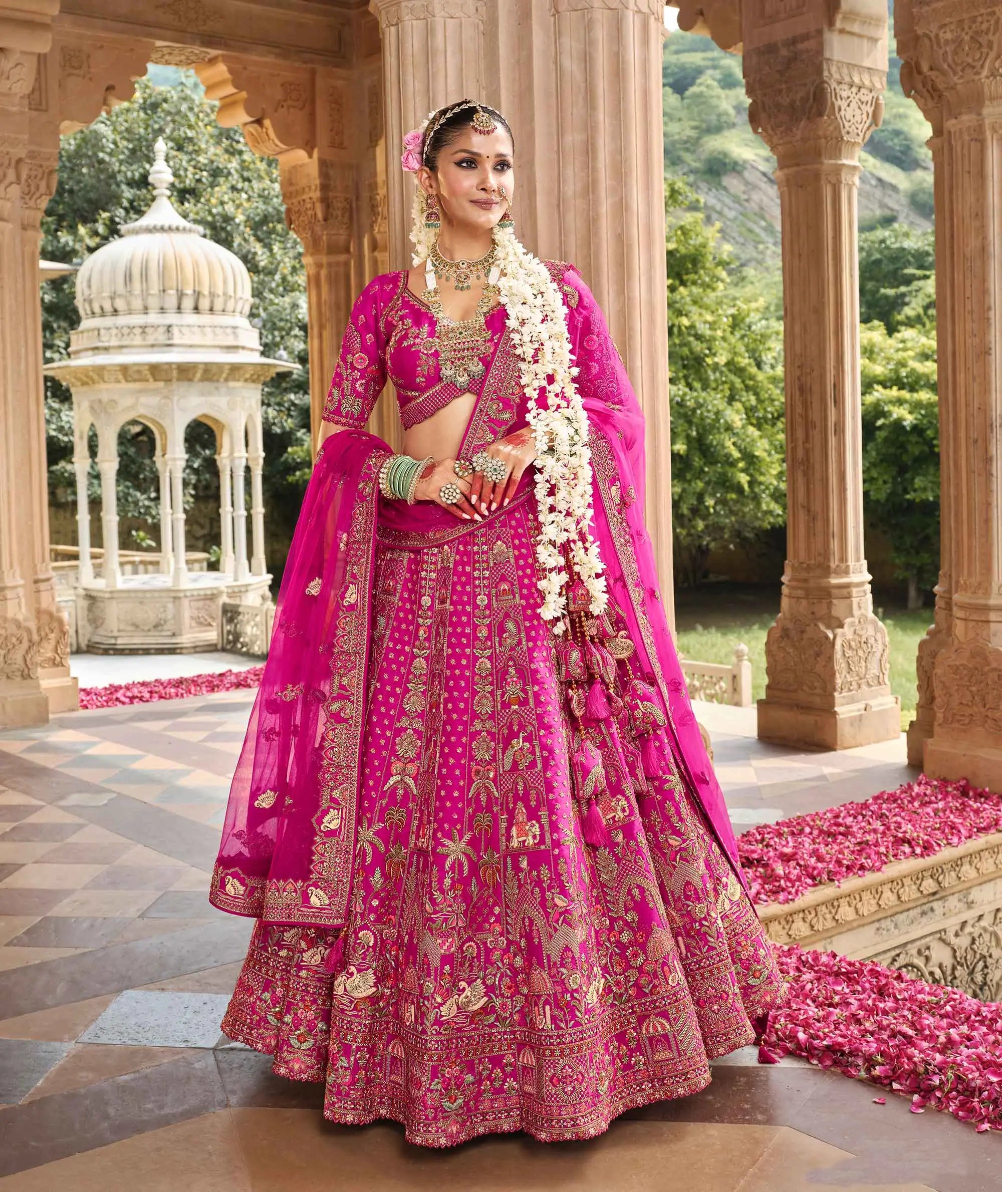 Hot Pink Bridal Lehenga Khatli Embroidery & 2 Dupatta - qivii