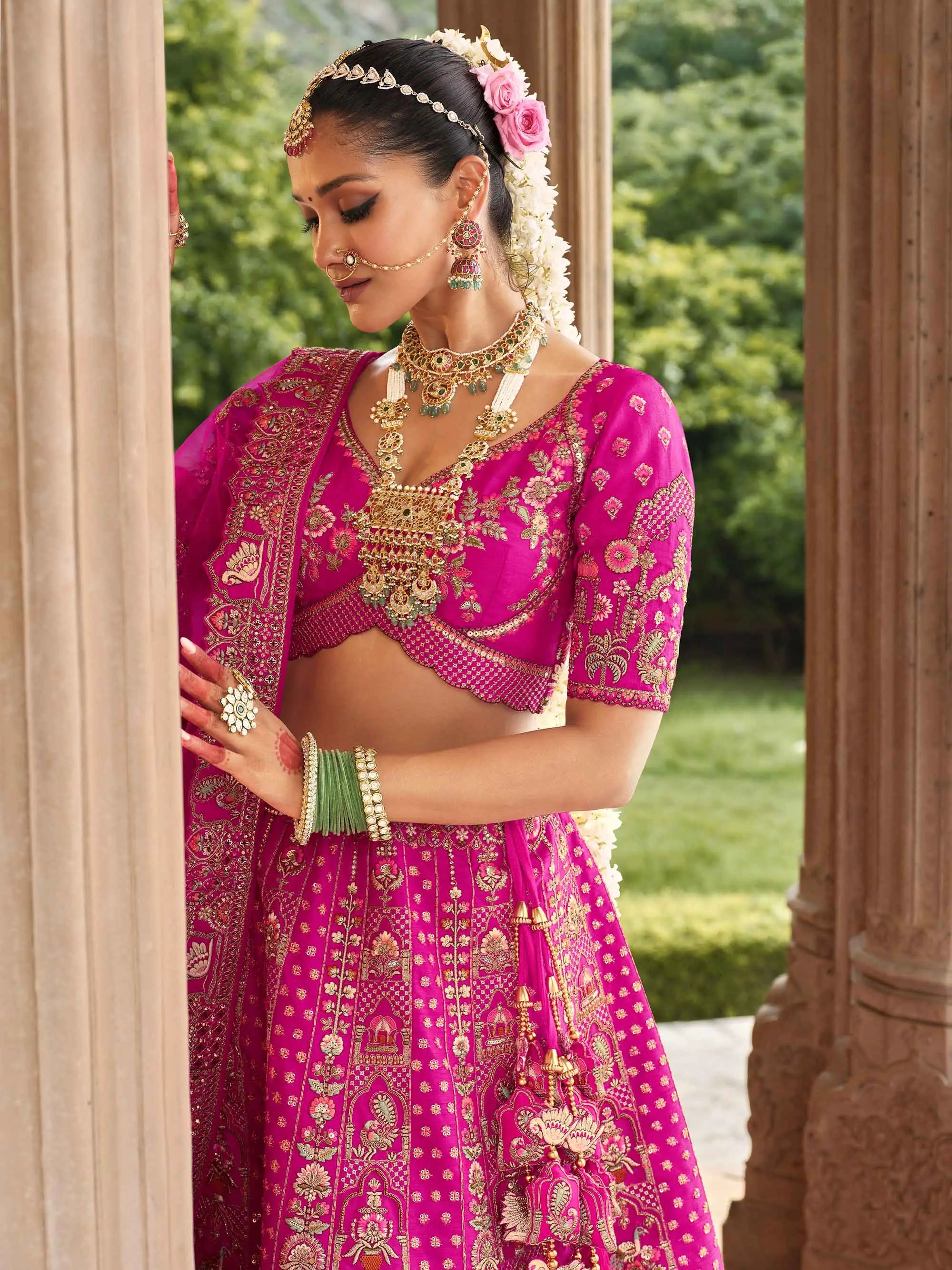 Hot Pink Bridal Lehenga Khatli Embroidery & 2 Dupatta - qivii
