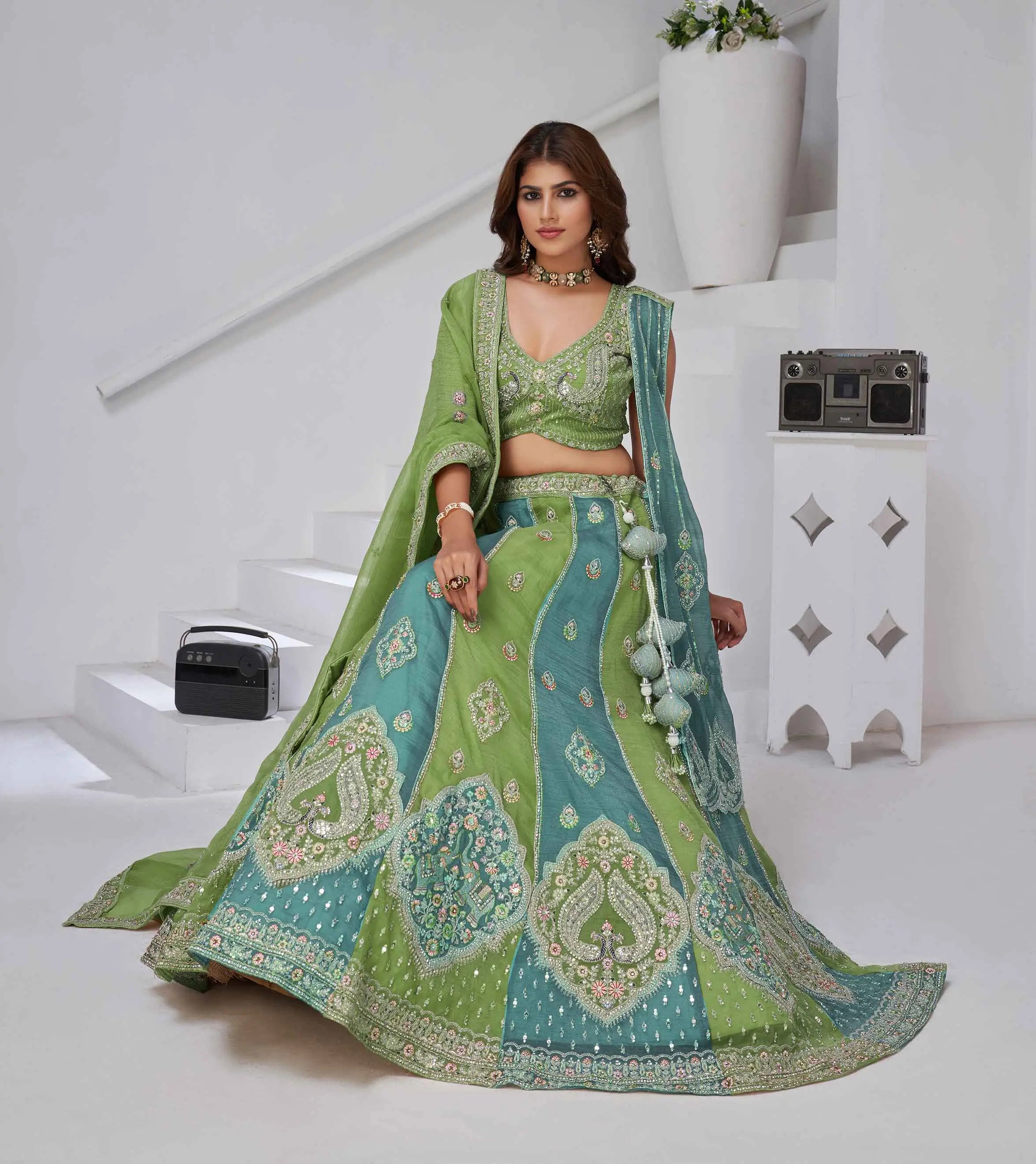 Iguana Green Lehenga With Dupatta & Zari-Resham Work - qivii