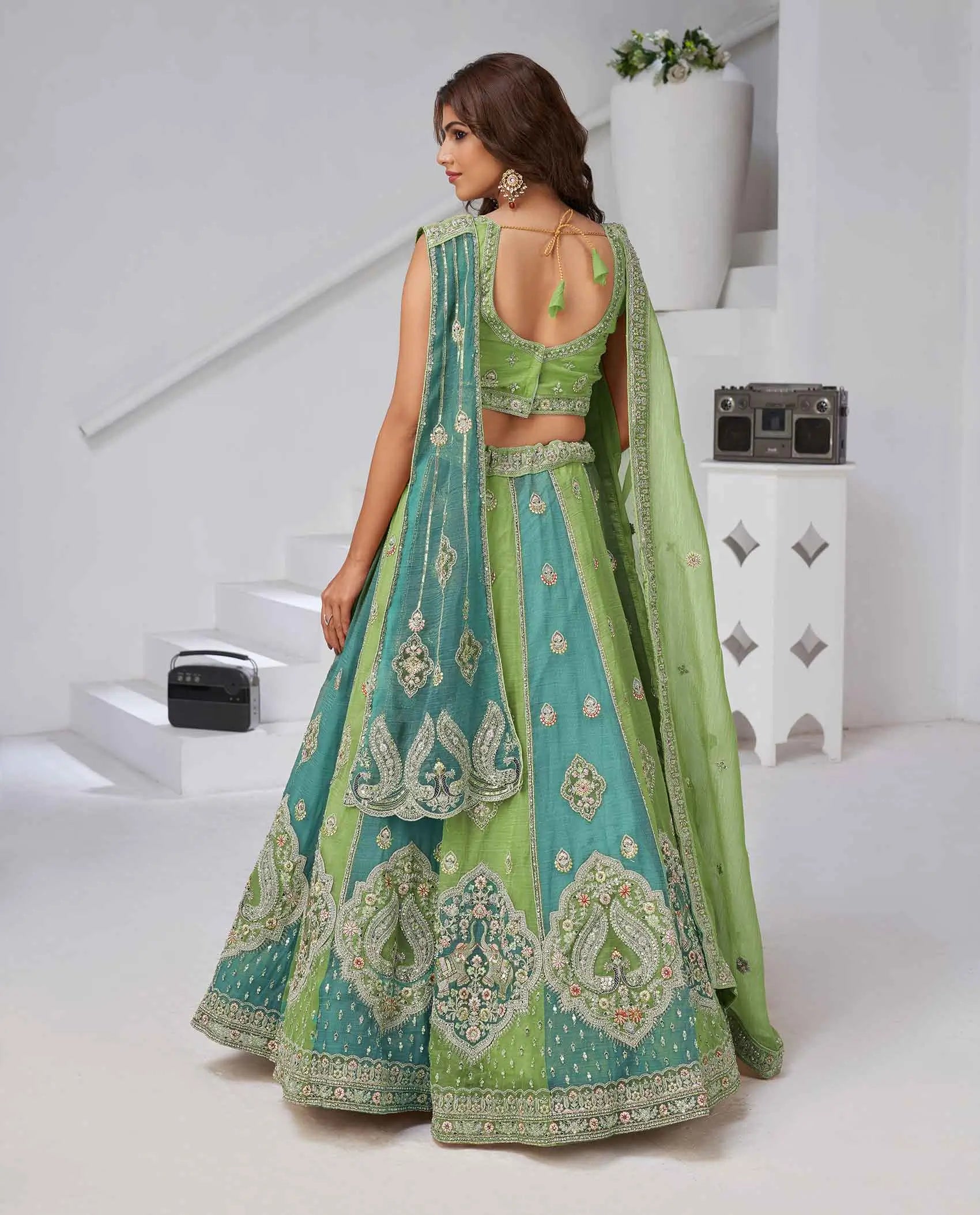 Iguana Green Lehenga With Dupatta & Zari-Resham Work - qivii