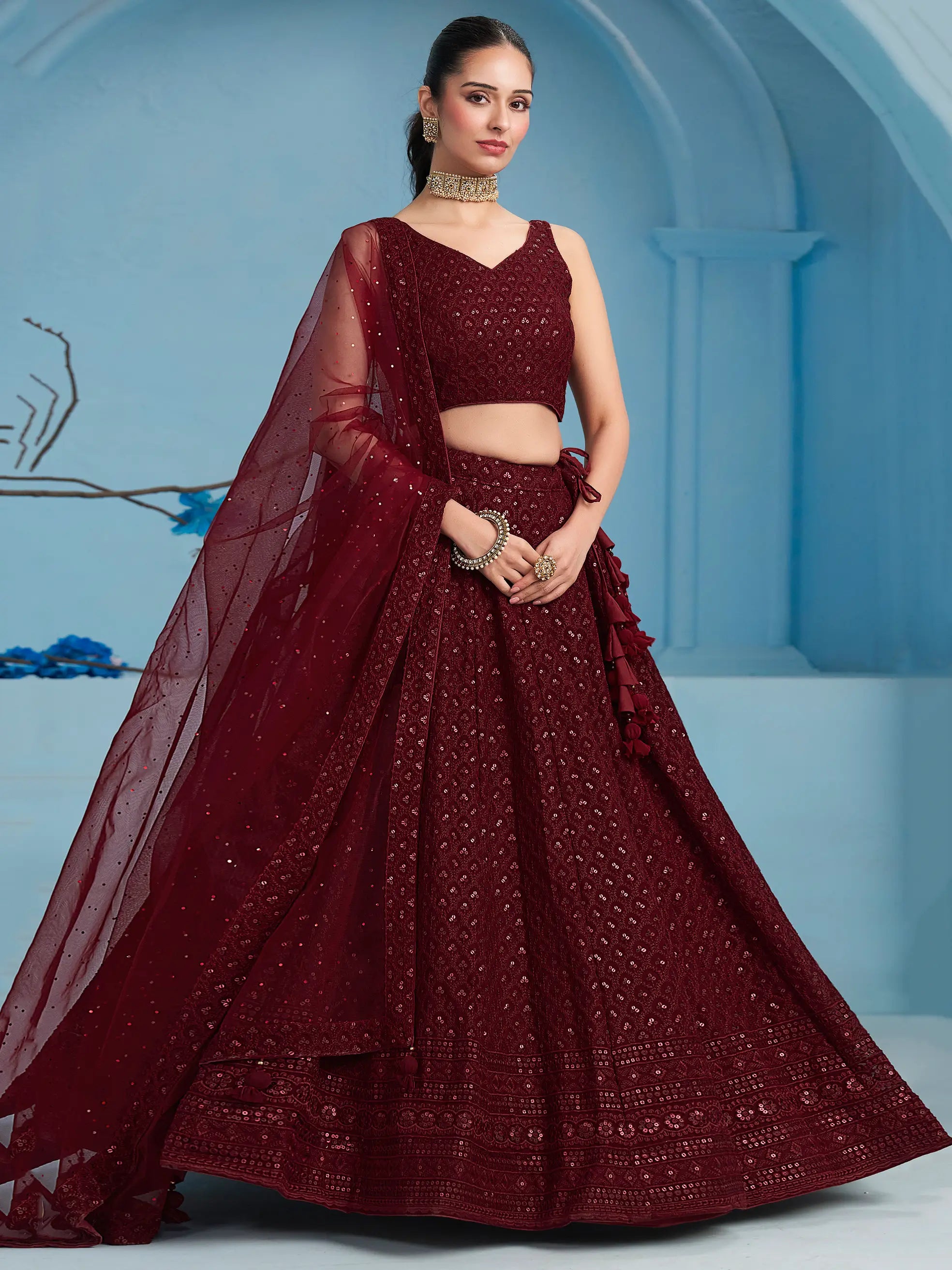 Maroon Designer Lehenga With Sequins Embroidery Work And Dupatta - qivii