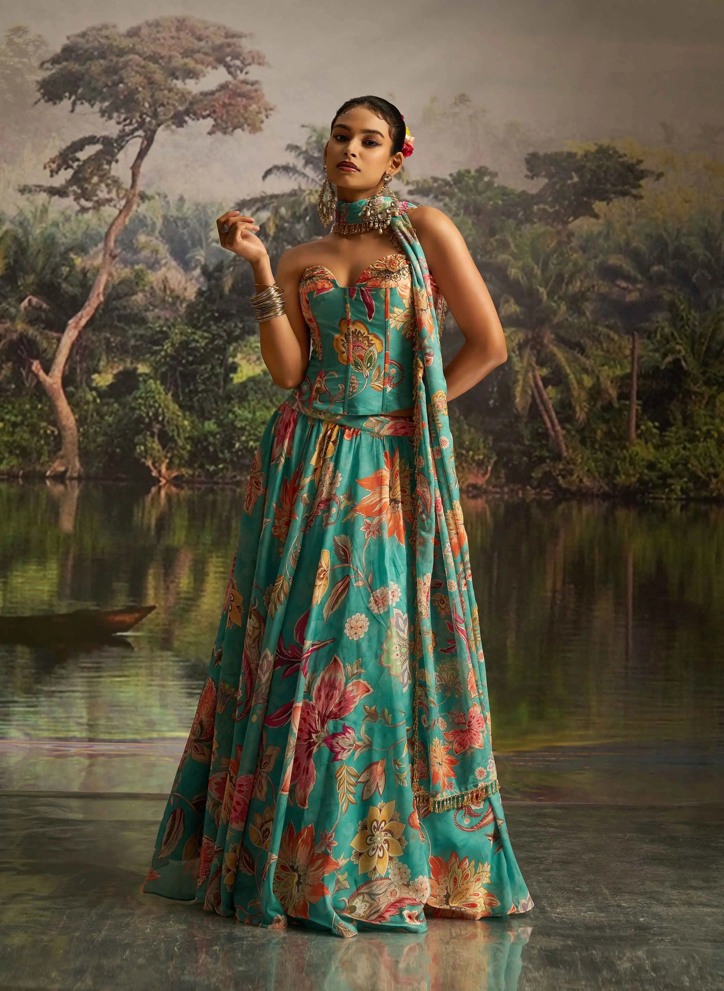 Mint Blue Floral print With Handwork Indo Western - qivii