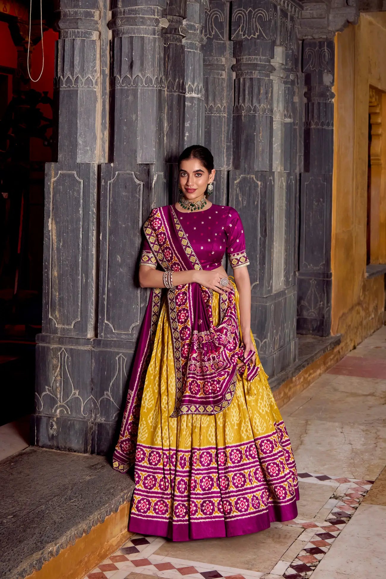 Mustard Yellow Tussar Silk Ikkat Printed Lehenga Choli - qivii