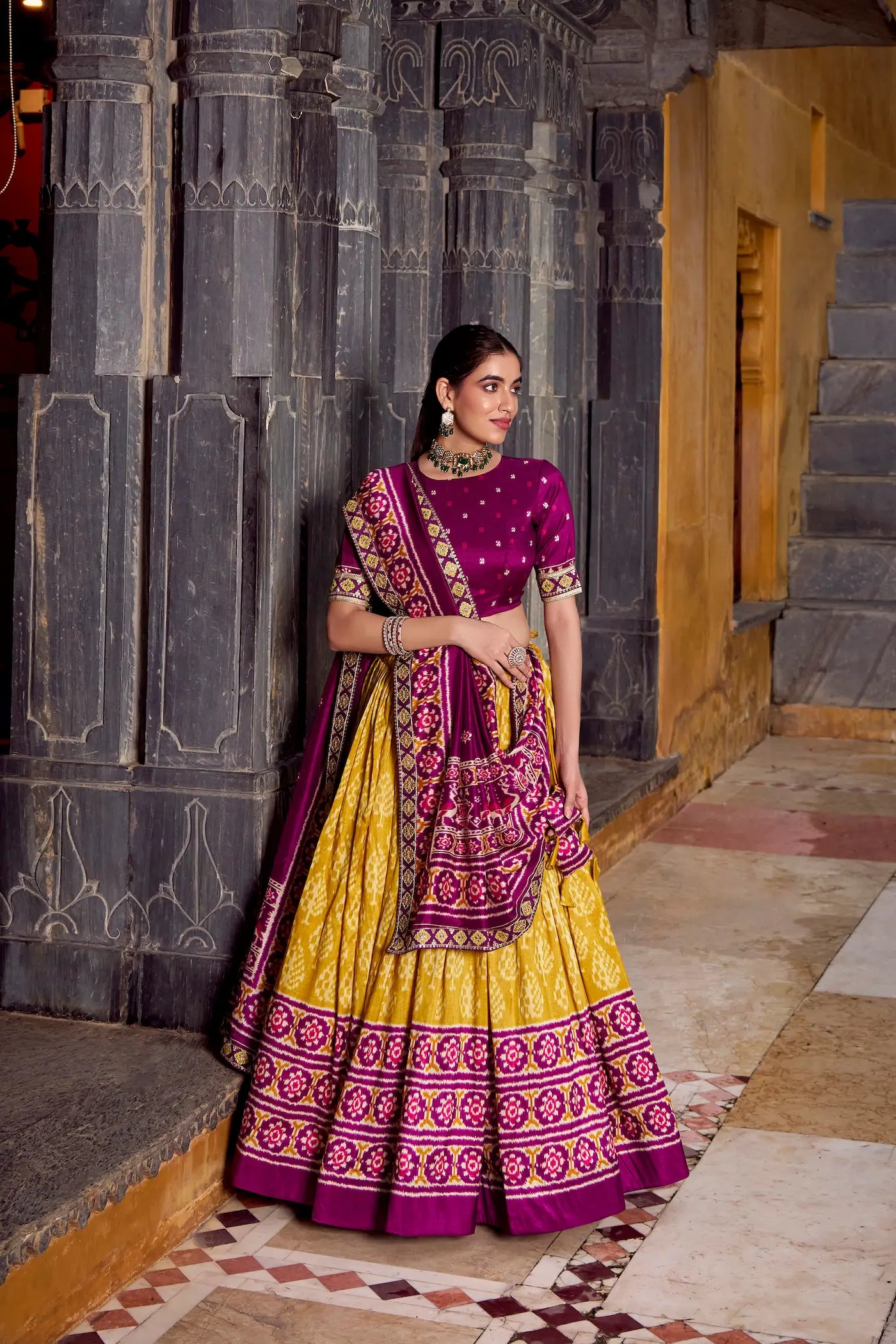 Mustard Yellow Tussar Silk Ikkat Printed Lehenga Choli - qivii