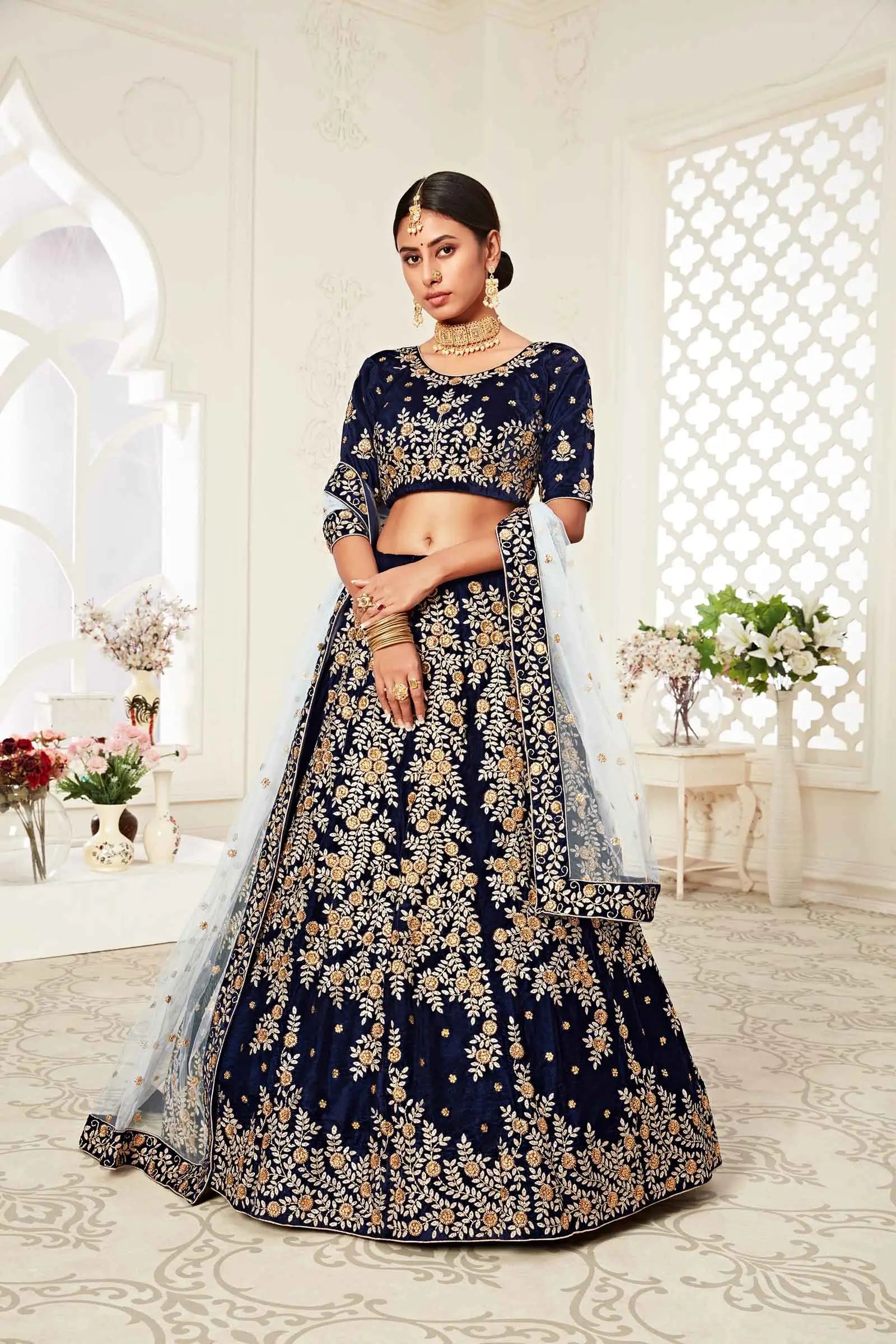 Navy Blue Velvet Lehenga With Zari And Thread Embroidery With Diamond Work | Ready To Wear - qivii