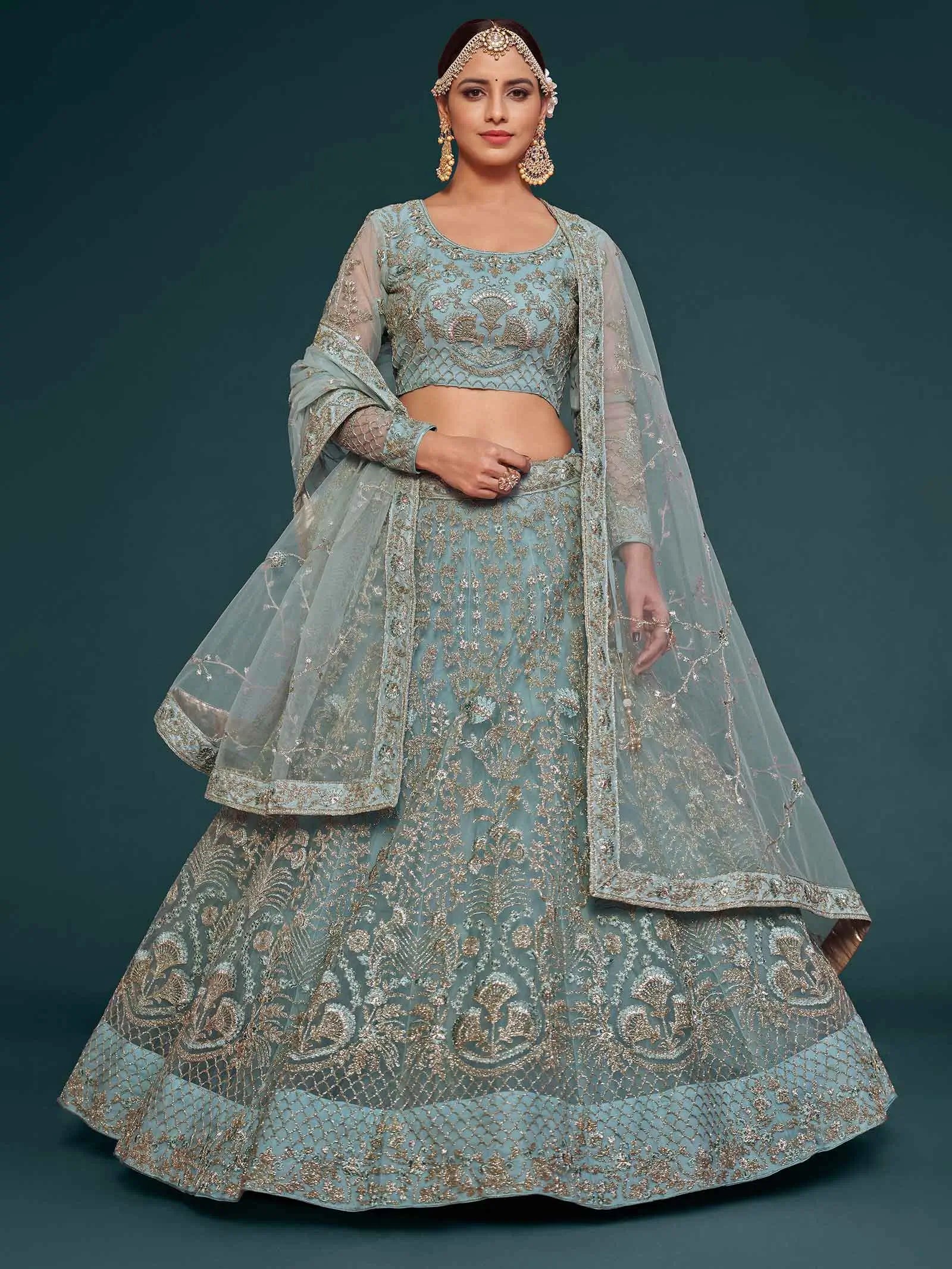Ocean Aqua Thread Zari Badla And Glitter Dori Embroidery Work Soft Net Lehenga Choli | Ready To Wear - qivii