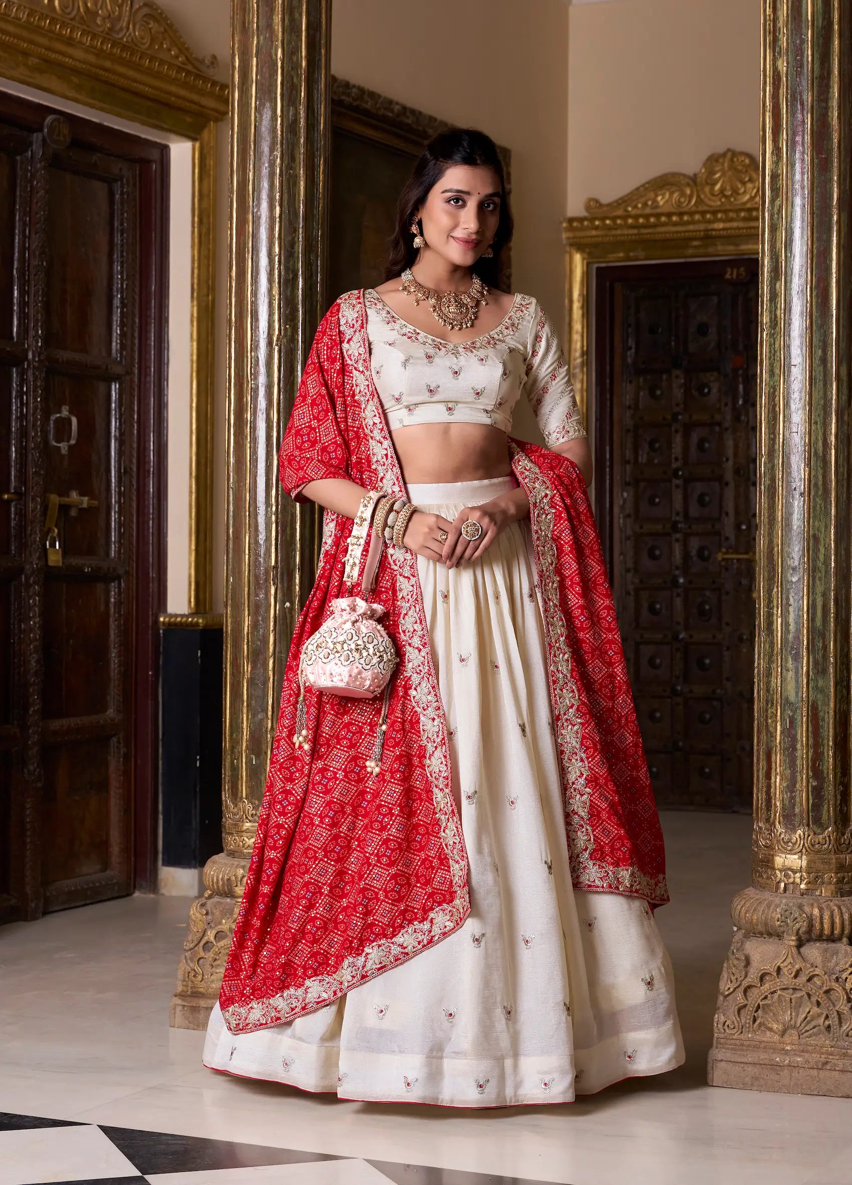 Off White Vichitra Silk Embroidery Work  Lehenga Choli With Bandhej Dupatta - qivii