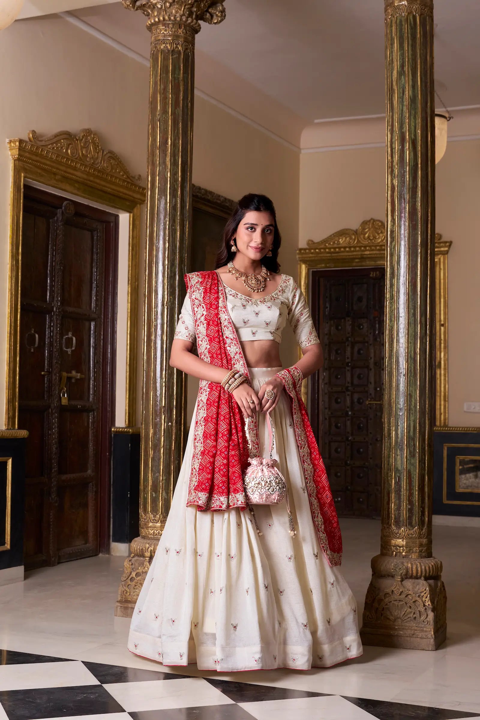 Off White Vichitra Silk Embroidery Work  Lehenga Choli With Bandhej Dupatta - qivii