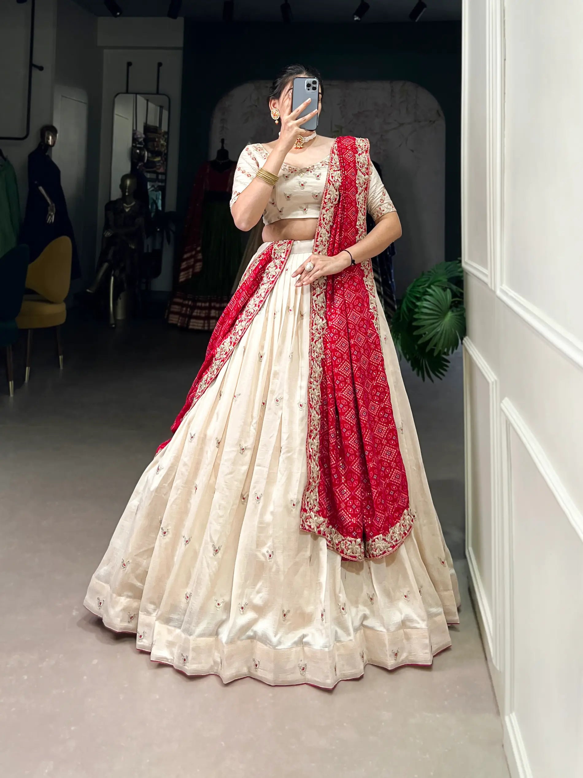 Off White Vichitra Silk Embroidery Work  Lehenga Choli With Bandhej Dupatta - qivii