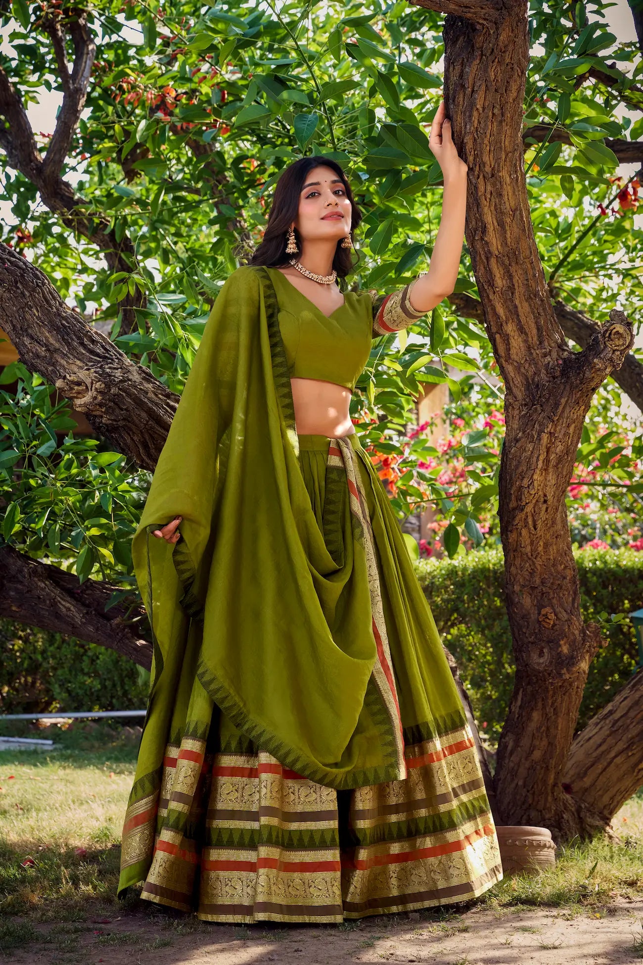 Olive Green Chanderi Lehenga Choli With Zari Weaving Work - qivii