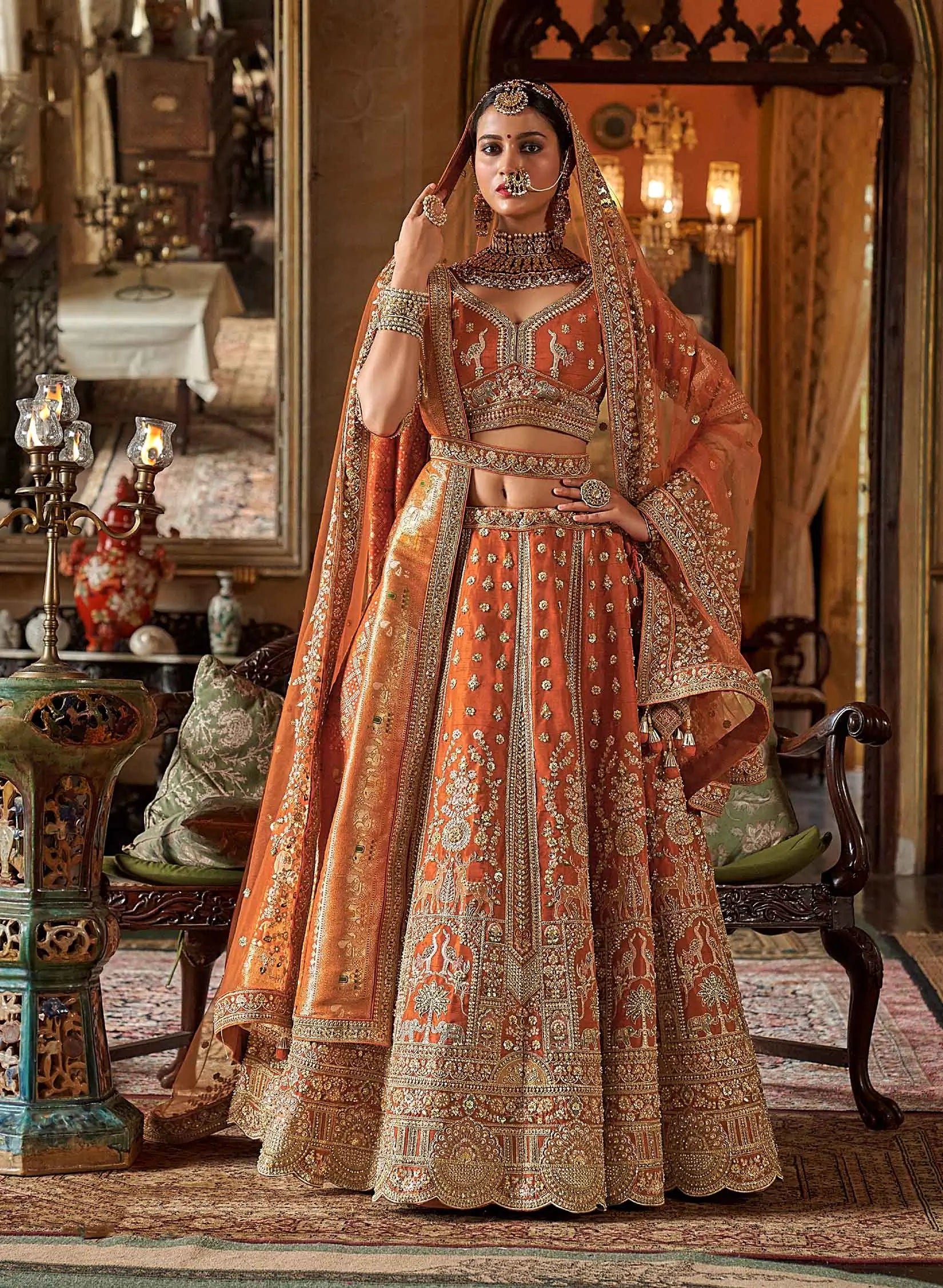 Orange Bridal Lehenga With Heavy Embroidery & Pearl Work - qivii