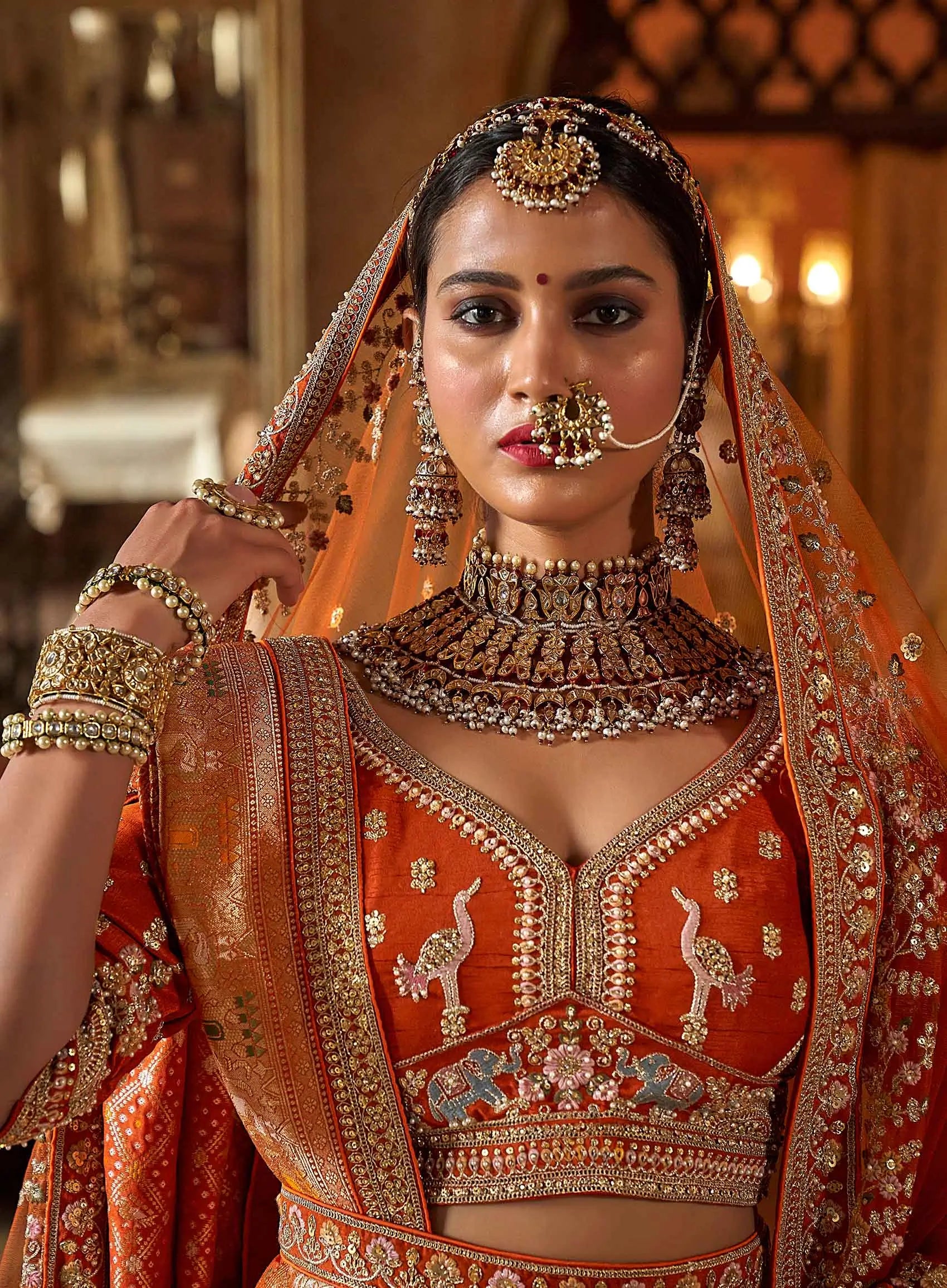 Orange Bridal Lehenga With Heavy Embroidery & Pearl Work - qivii