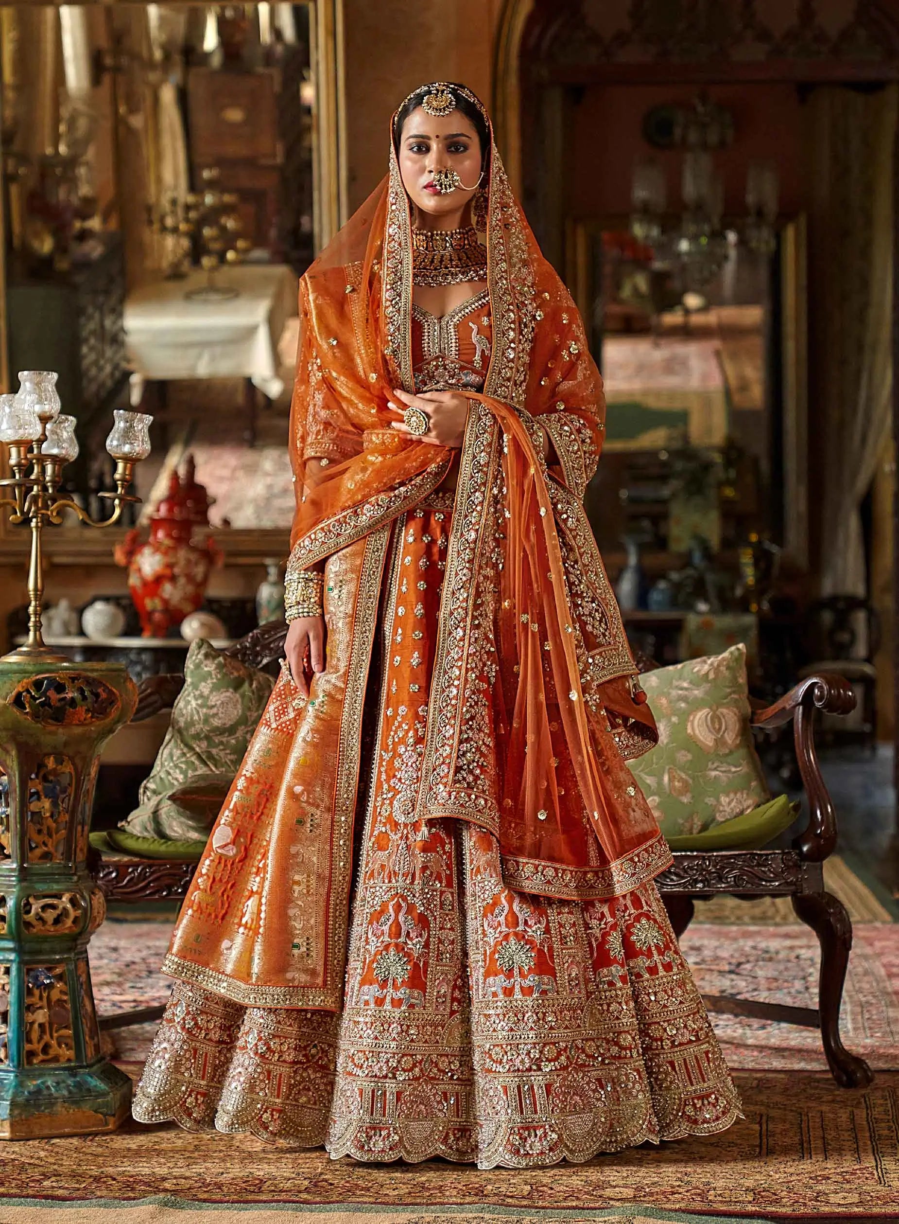 Orange Bridal Lehenga With Heavy Embroidery & Pearl Work - qivii