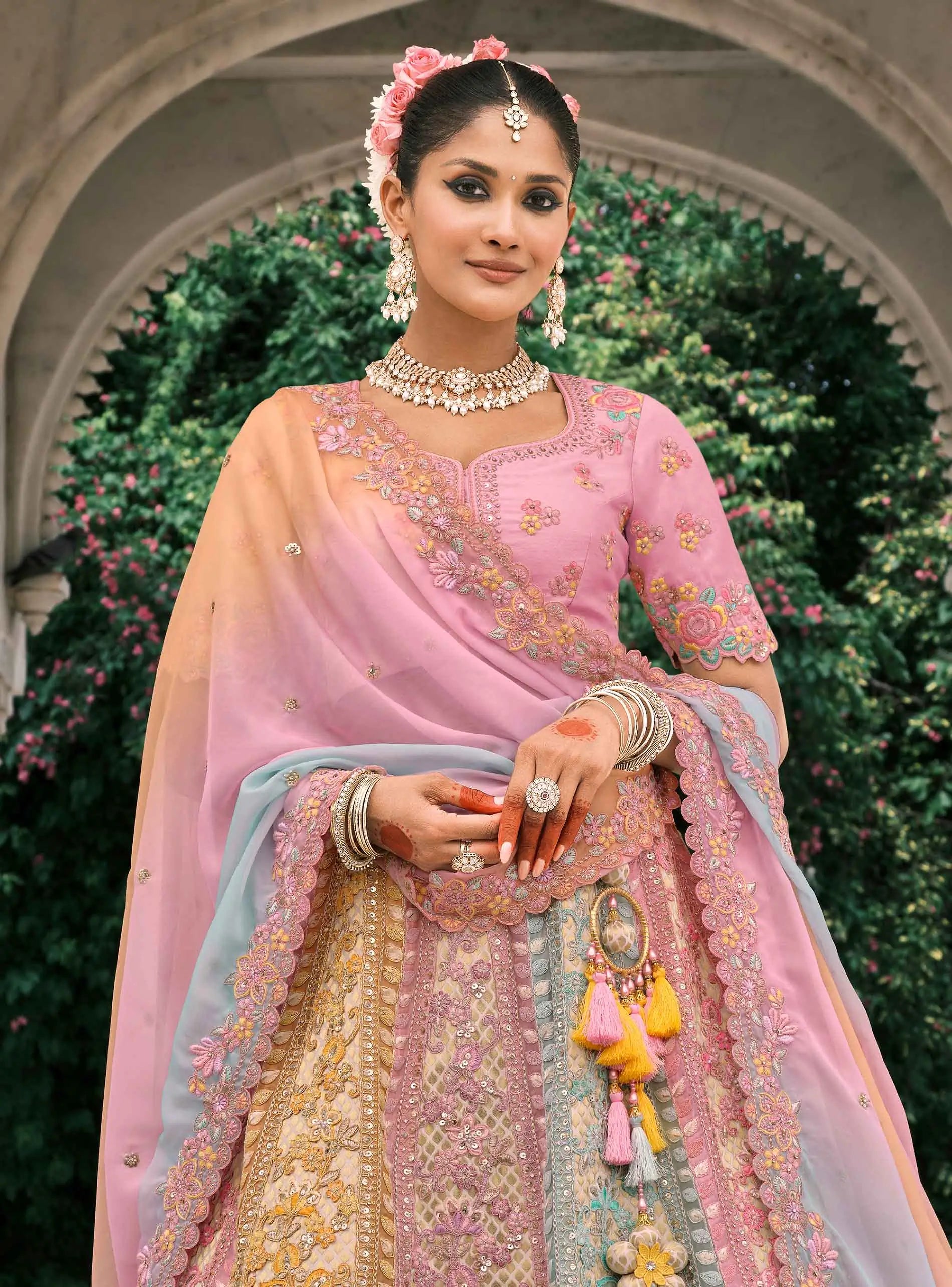 Pastel Multi Bridal Lehenga With Designer Embroidery - qivii