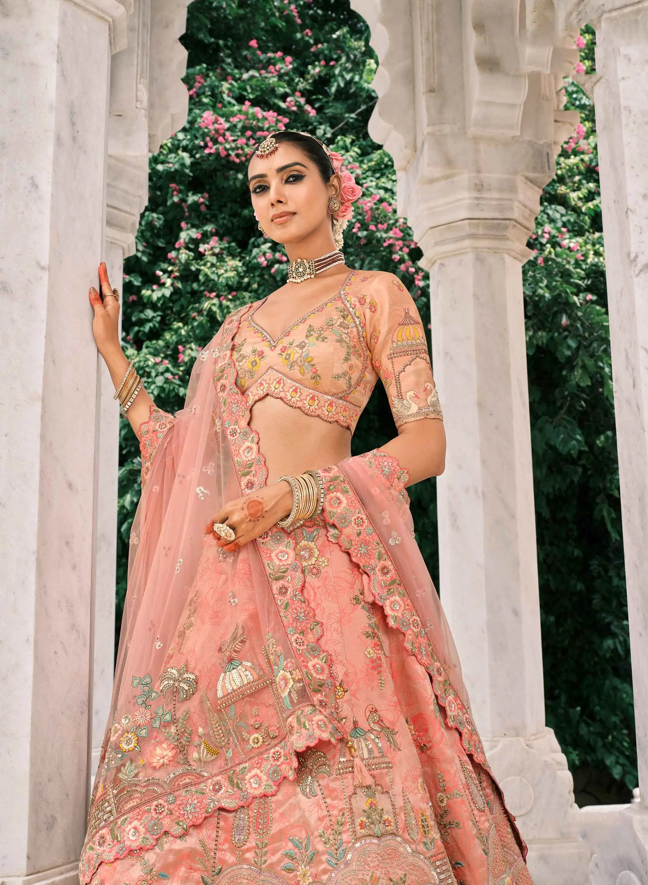 Peach Bridal Lehenga With Stunning Designer Embroidery - qivii