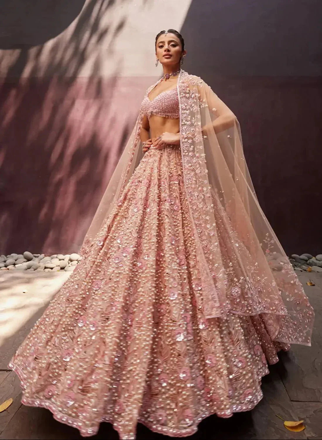 Peach Georgette Lehenga Choli With Embroidery & Pearl Beads Work - qivii
