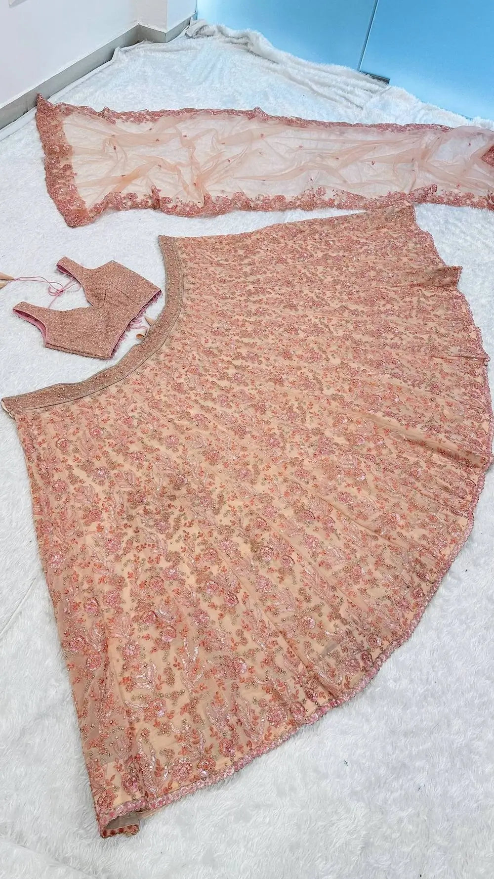 Peach Georgette Lehenga Choli With Embroidery & Pearl Beads Work - qivii