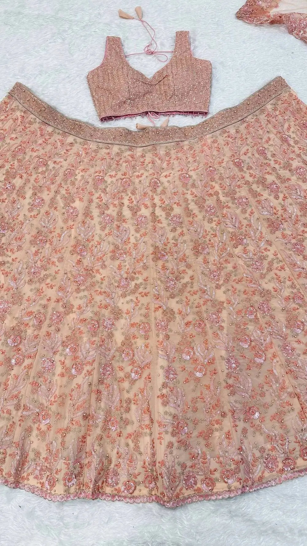 Peach Georgette Lehenga Choli With Embroidery & Pearl Beads Work - qivii
