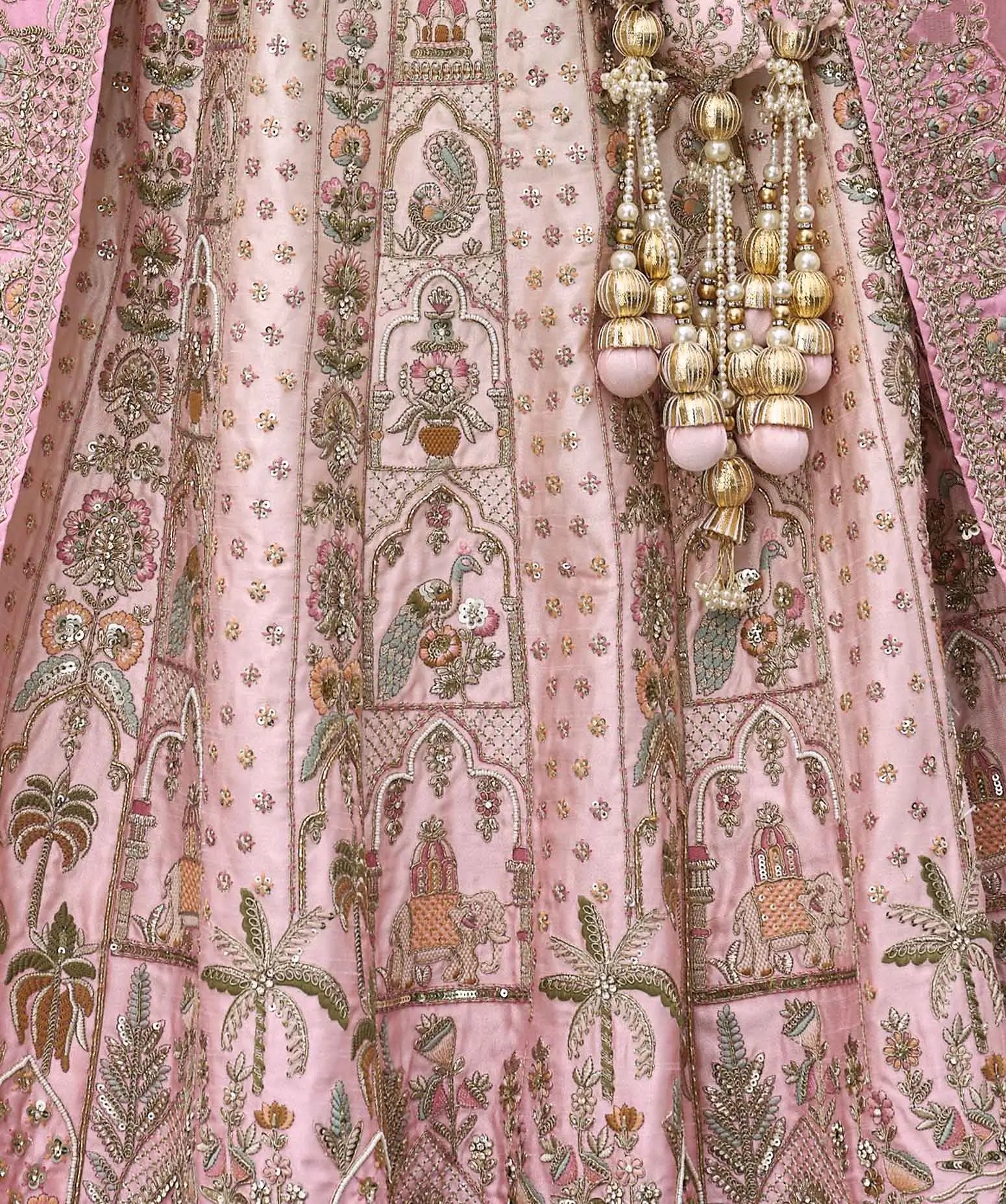 Peach Pink Bridal Lehenga Khatli Embroidery & 2 Dupatta - qivii