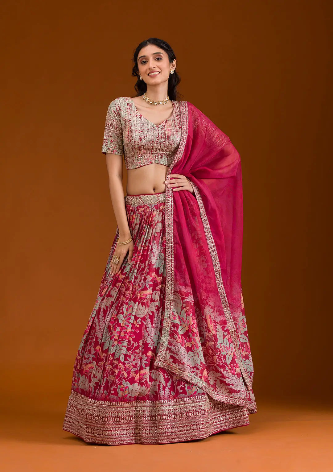 Peach Pink Organza Print With Embroidery Lehenga - qivii
