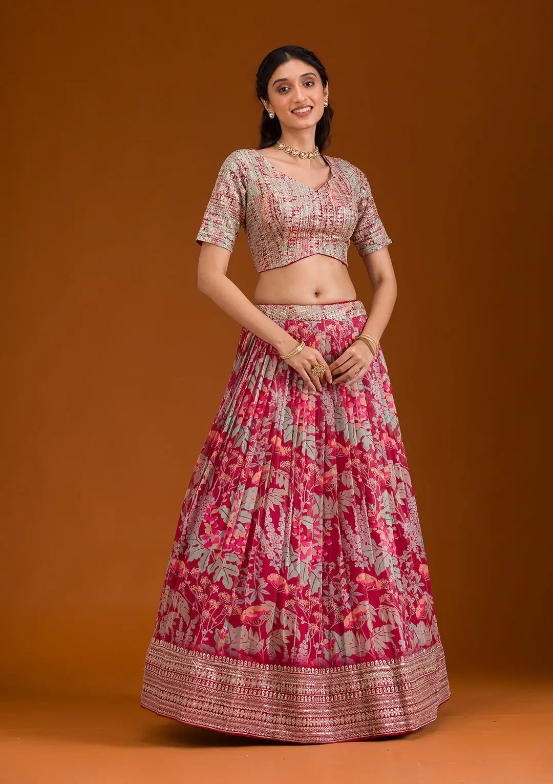 Peach Pink Organza Print With Embroidery Lehenga - qivii