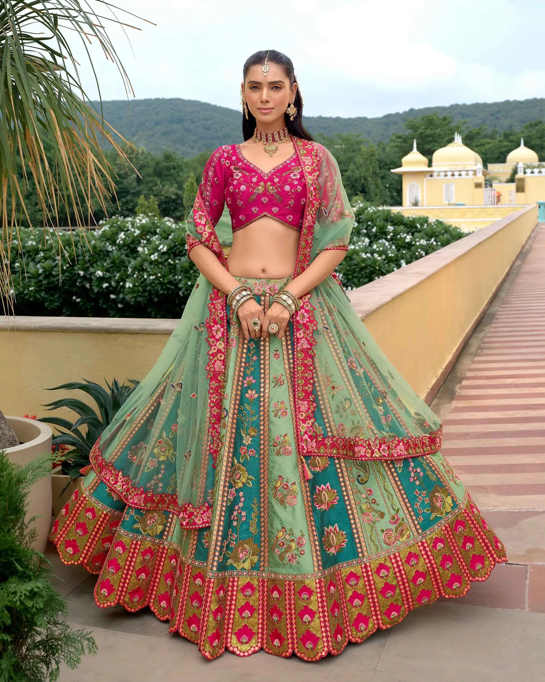 Pink Blue Heavy Embroidery Sequins Work Lehenga