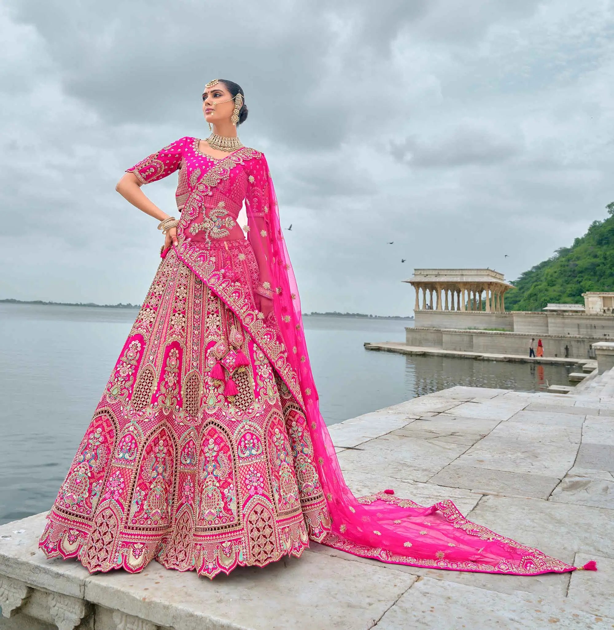 Pink Bridal Lehenga With Khatli, Heavy Embroidery & 2 Dupatta - qivii