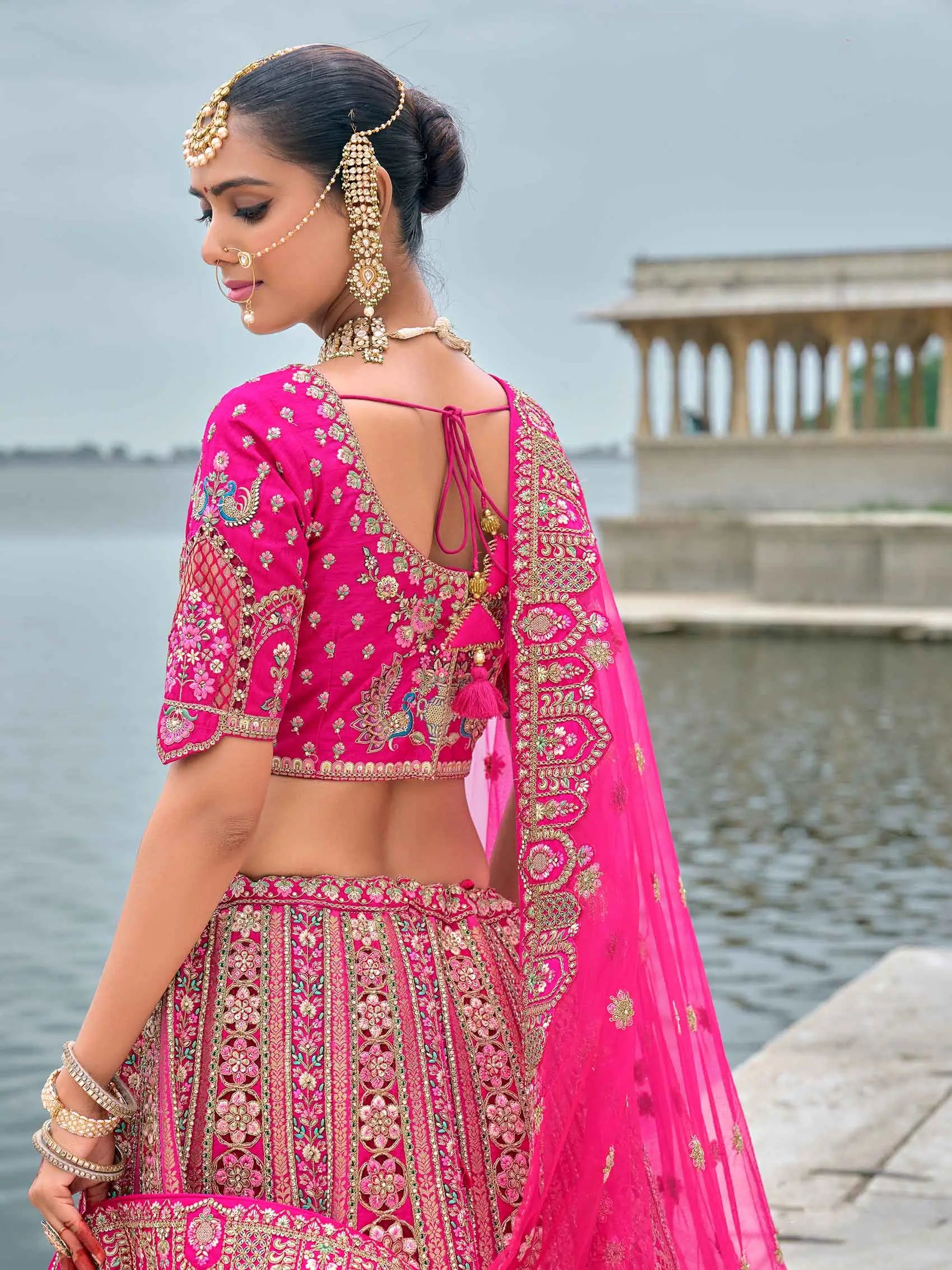 Pink Bridal Lehenga With Khatli, Heavy Embroidery & 2 Dupatta - qivii