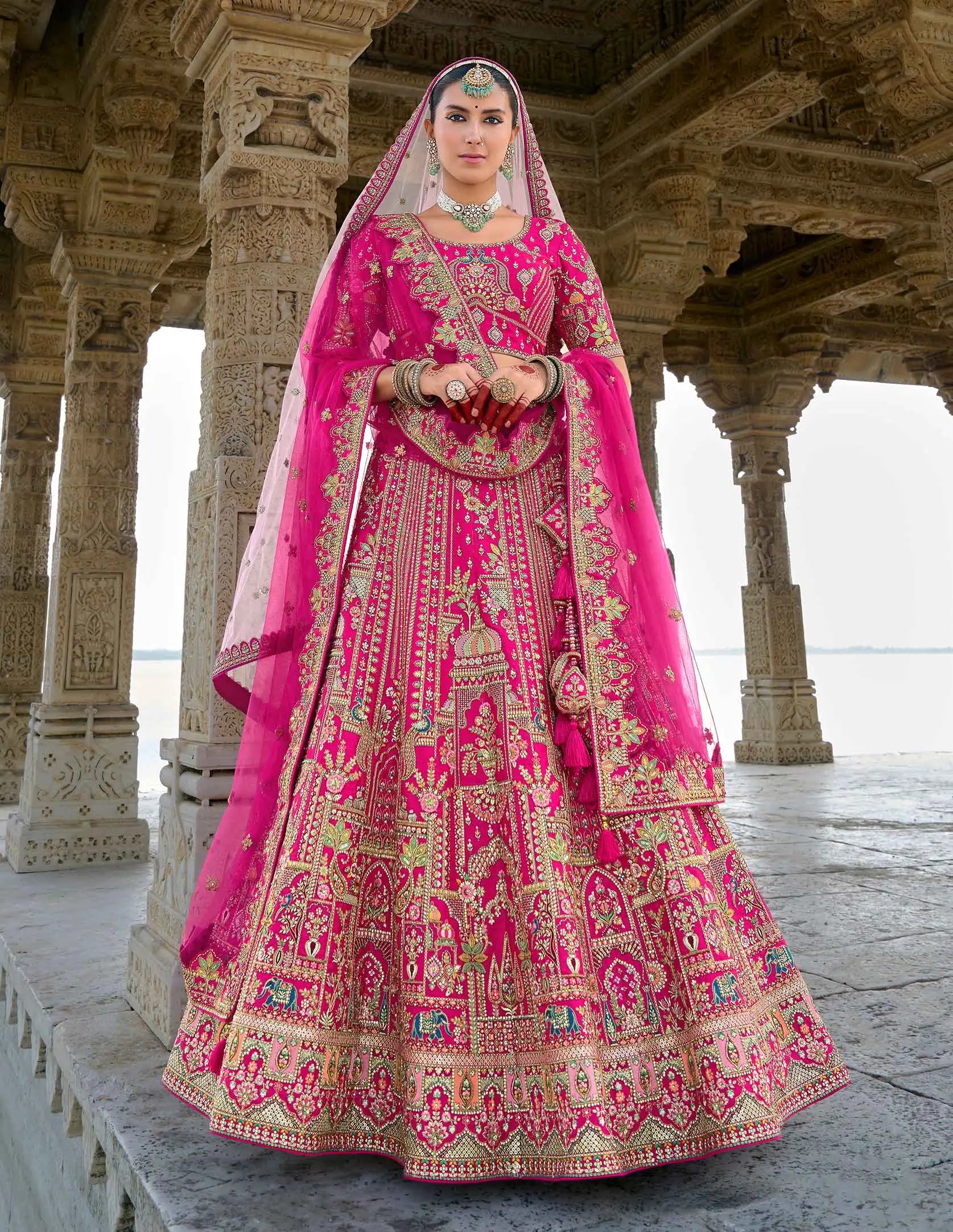 Pink Designer Bridal Lehenga With Heavy Embroidery & 2 Dupatta - qivii